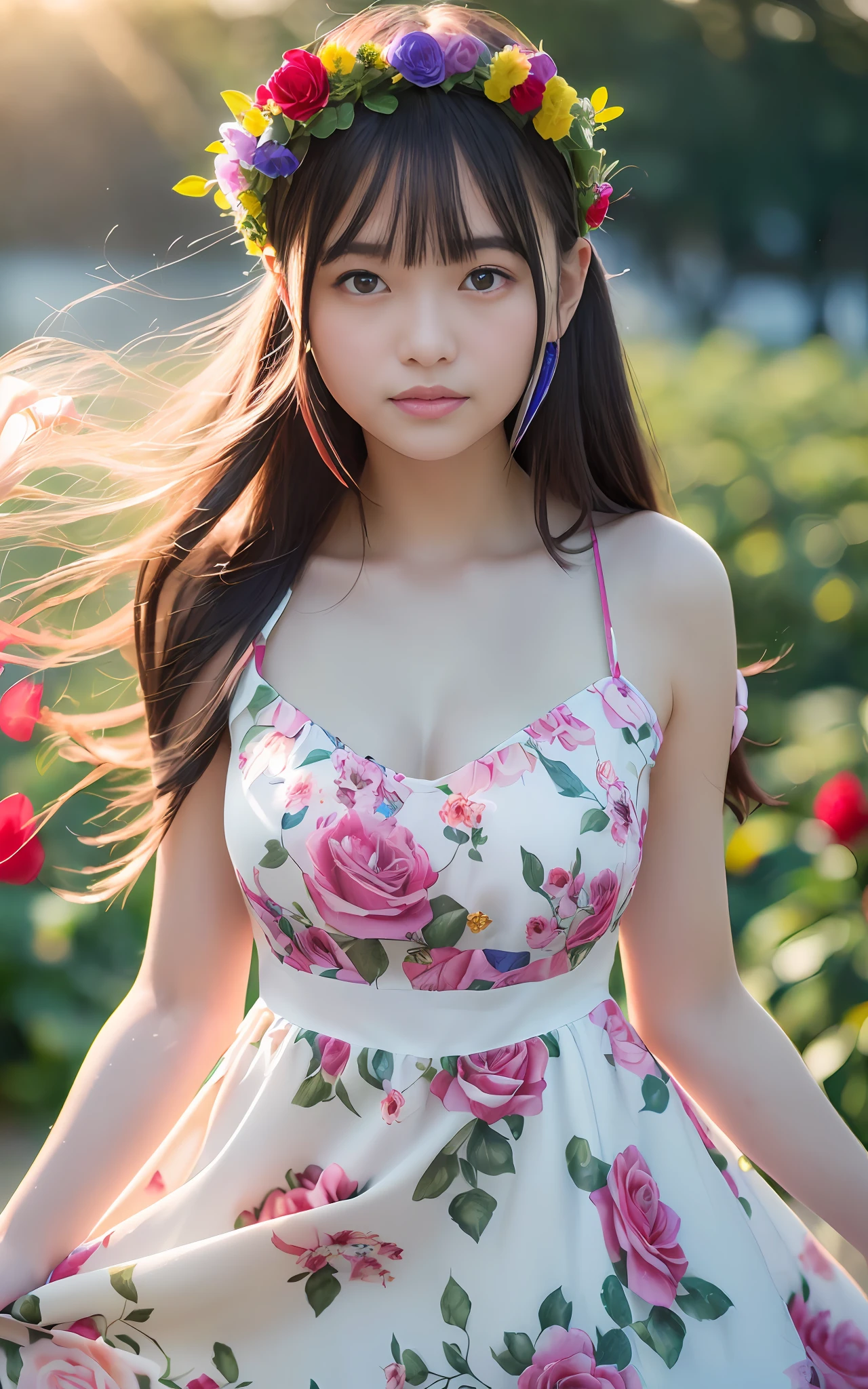 slim body, 20 years old, twilight rays, rose pattern slip dress, flower crown, (((Tokugawaen)), rose front bokeh, bokeh, photorealistic, surrounded by red roses, background dark, smiling, (1 girl), (sunset: 1.3), (8k, raw photography, best quality, masterpiece: 1.2), (realistic, photorealistic: 1.37), best quality, ultra high definition, ( Focus Surface:1.8), (Portrait:1.7), (Intense:1.1), (Details:1.1), (Highest Image Quality), (Analog:1.2), (High Sharp), Canon EOS R Photography, (Summer Dress:1.4), (Standing in a Flower Garden: 1.3), (Vivid and Colorful:1.3)