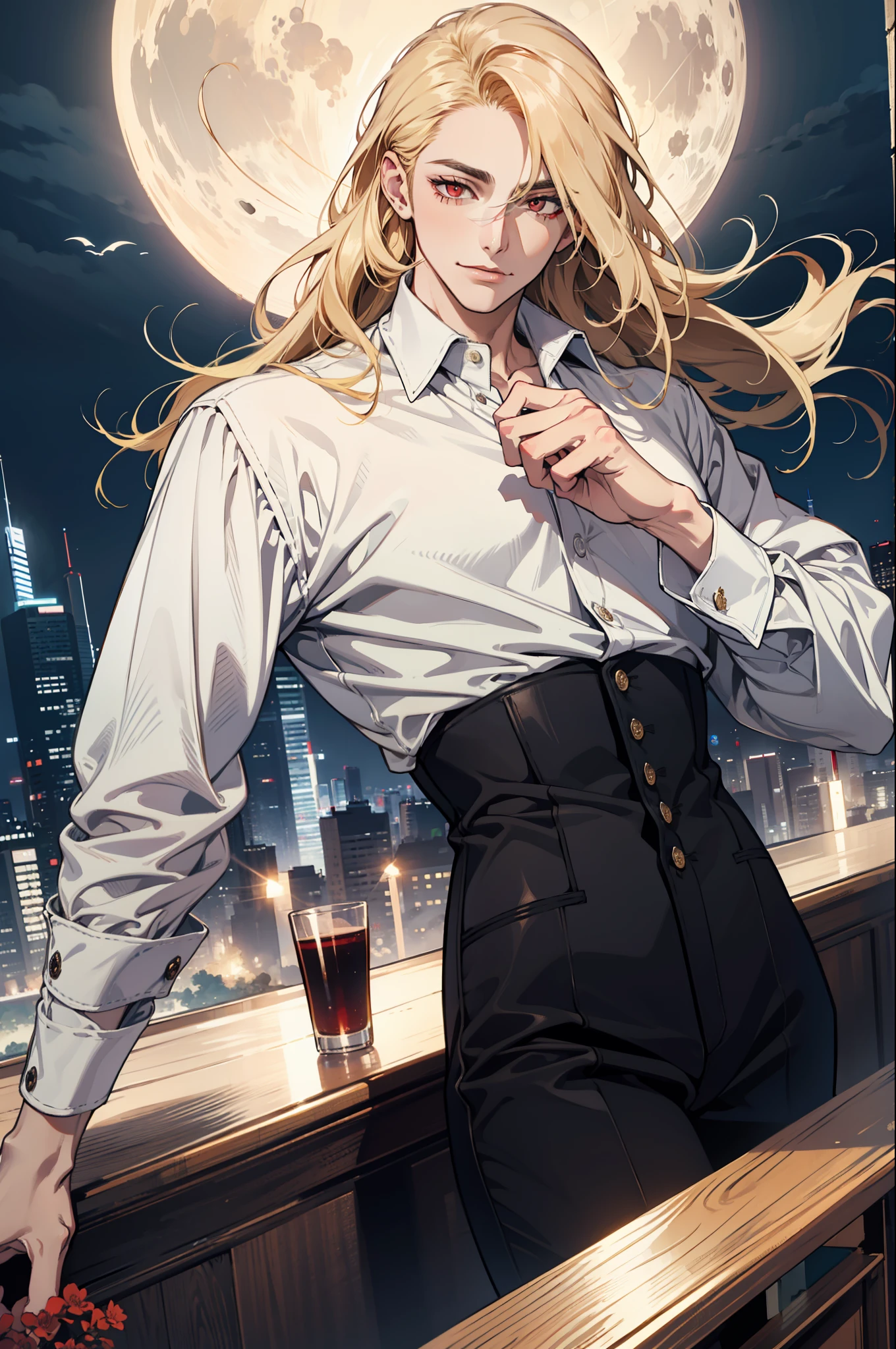 (absurdres, highres, ultra detailed), 1man, 30 years old man, adult man, handsome, tall,, finely detailed eyes and detailed face, leather pants, (((white shirt))), night, smile, dutch angle, ((long hair, blonde hair)), moon, gold details, gothic, vampire, vampire prince, dark, simple clothes, looking at the view, pale skin, red detailed eyes, (masculine), sexy, elegant, long bangs, detailed hands, (((red eyes)))