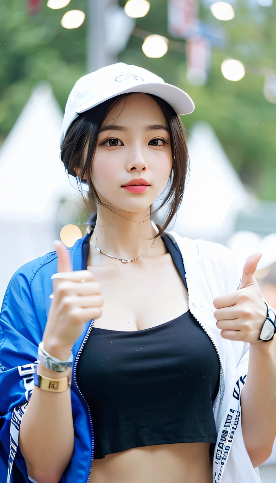 there is a woman that is giving a thumbs up sign, wan adorable korean face, beautiful south korean woman, jaeyeon nam, korean girl, wenfei ye, xision wu, dilraba dilmurat, xintong chen, chinese girl, li zixin, ruan jia beautiful!, girl cute-fine-face, with cute - fine - face, masterpiece, 8k, cleavage, big boobs, bust detail, hair detail, eye detail