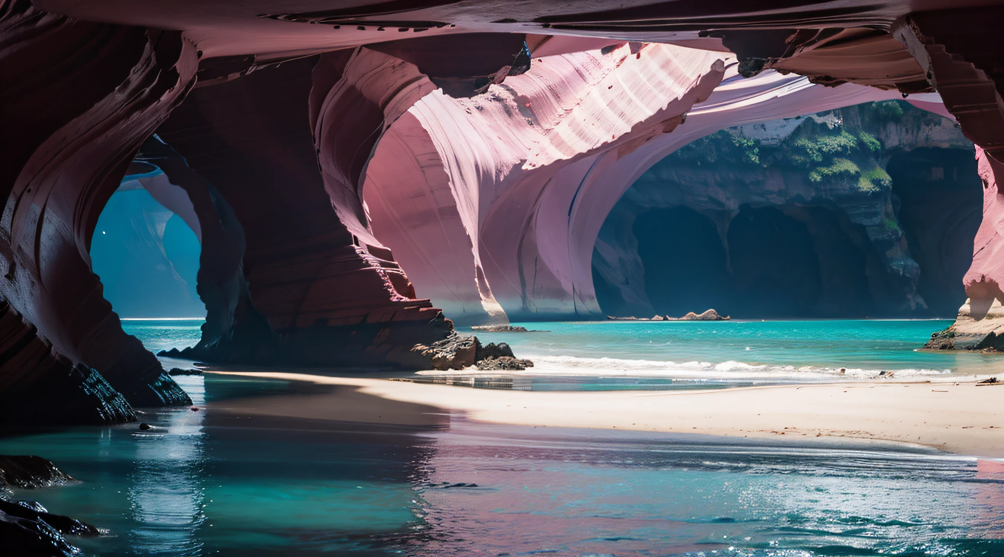 sea beach，Turquoise waters，early evening，dim murky lights，There is no cloud，Pink-purple sky，Antelope Canyon，Some caves，Facing the sea，Very bleak and dull，Real and delicate，the night