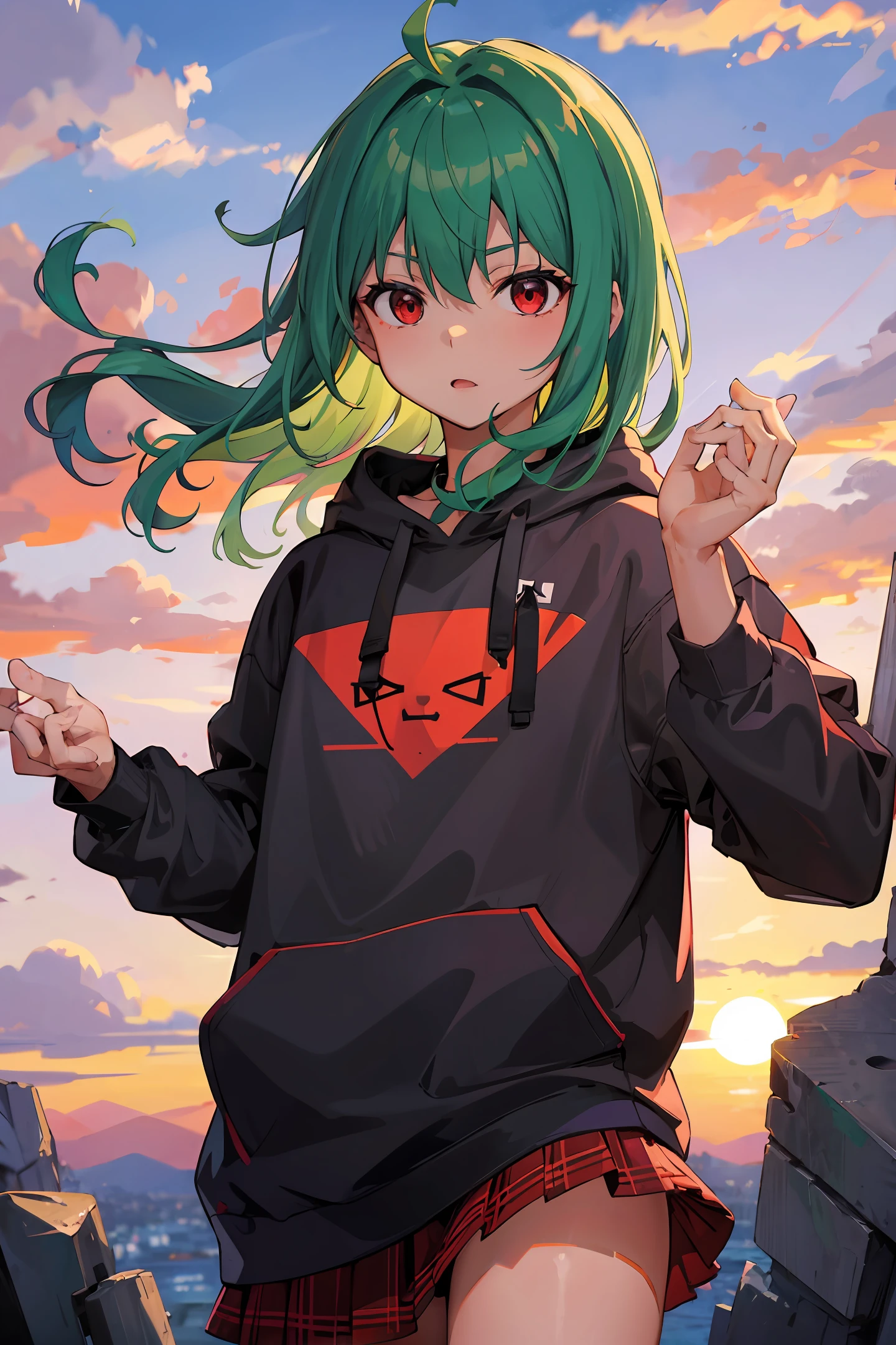 Green hair, teenager, red eyes, cracks, gray sweatshirt, half-body photo in the sunset