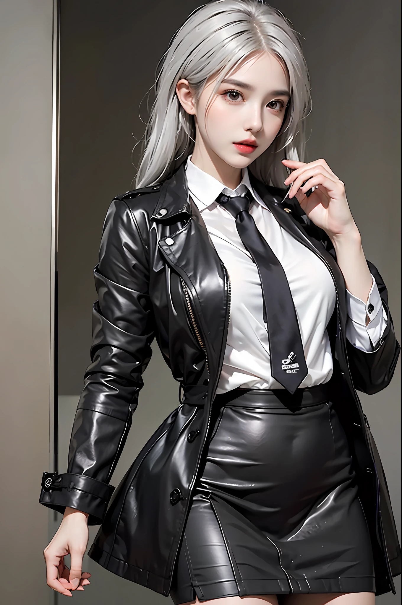 photorealistic, high resolution, 1 girl, hips up, beautiful eyes, white hair, ringed eyes, collared shirt,black necktie,black skirt, pencil skirt, trench coat