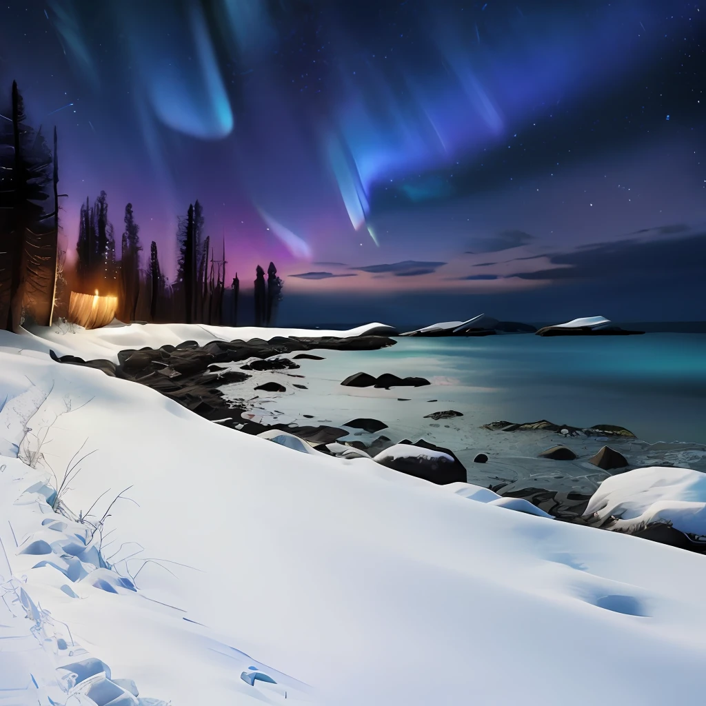 Mar, aurora boreal, estrela, raio, neve