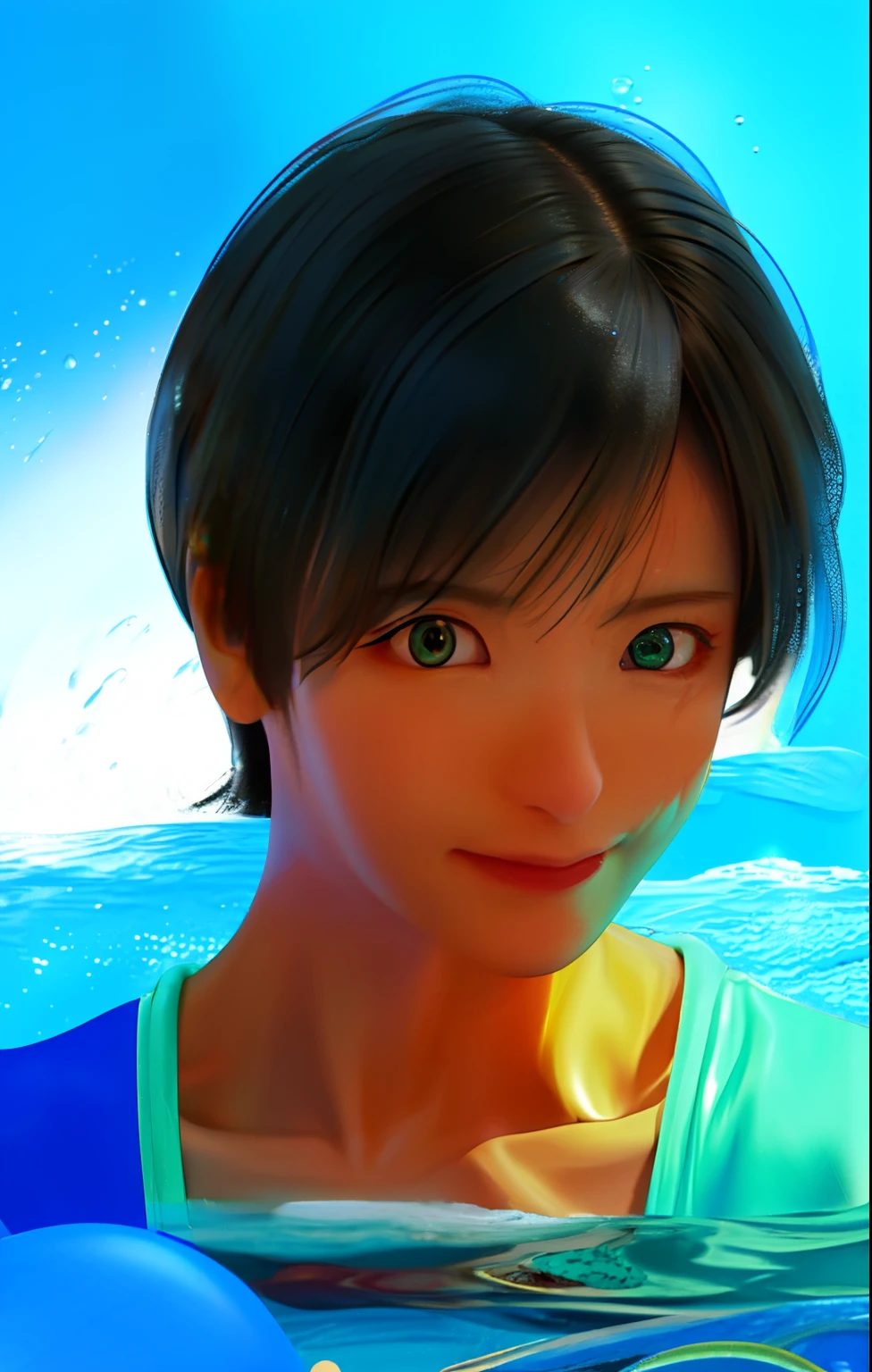 Handsome guy swimming underwater,Makoto Shinkai's style,In a realistic ultra-detailed rendering style,The nervous expression glows,amarelo,blue colors,brush,ultrarealistic oil painting,Close-up of the head,Exaggerated perspective,dingdall effect,water dripping,Mother-of-pearl red,Holographicwhite,Green background,photorealestic