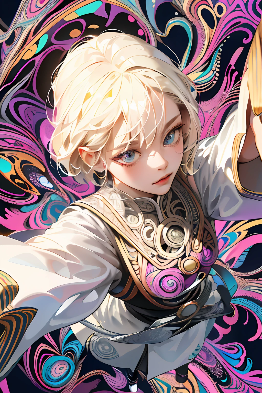 absurdres, highres, ultra detailed, 1girl, solo, extremely detailed eyes, Ultra-precise depiction, Ultra-detailed depiction, (zentangle:1.2), (dynamic pose), (abstract background:1.5), (treditional dress:1.2), short platinum blonde, (shiny skin), many colors, upper body, (from above)