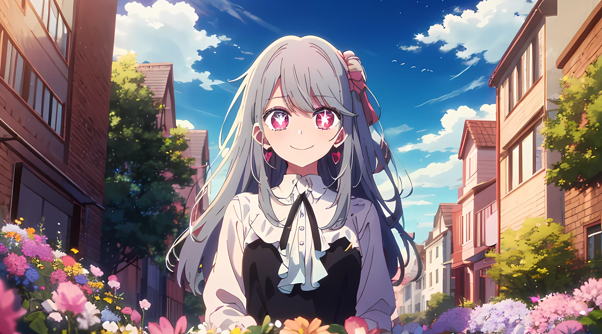 2D, Masterpiece, Best quality, Anime, Highly detailed, Cowboy shot, 1girll, Solo, White hair, White galactic hair, White eyes, , view the viewer, Smile, bangs, Star symbol-shaped pupils, Heart-shaped pupils,"When is it old，Had to leave the planet, Don't let these be my last words, For you", "Here comes the flowers，Gray all around, The sun is shining on Brighton，Shine on my dress, For you", "My soft and fluffy fair skin, It was shiny all over my chin"