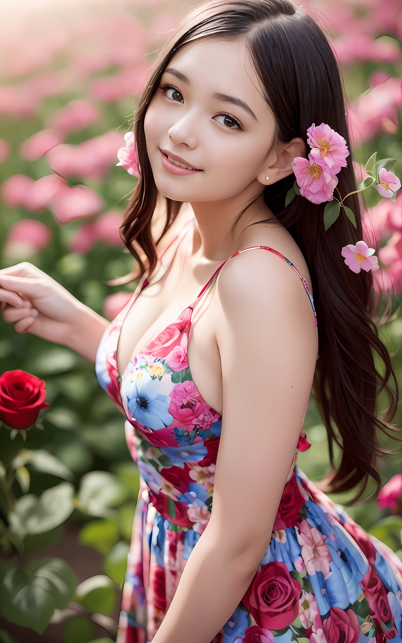 slim body, 20 years old, twilight rays, wedding dress, corolla, ((Tokugawaen)), rose front bokeh, bokeh, photorealistic, surrounded by red roses, background, dark, smiling, (one girl), (sunset: 1.3), (8k, raw photography, best quality, masterpiece: 1.2), (realistic, photorealistic: 1.37), best quality, ultra high resolution, (focus surface:1.8), (Portrait:1.7), (Intense:1.1), (Details:1.1), (Highest Quality), (Analog:1.2), (High Sharp), Canon EOS R Photography, (Summer Dress:1.4), (Standing in a Flower Garden:1.3), (Vivid and Colorful:1.3)