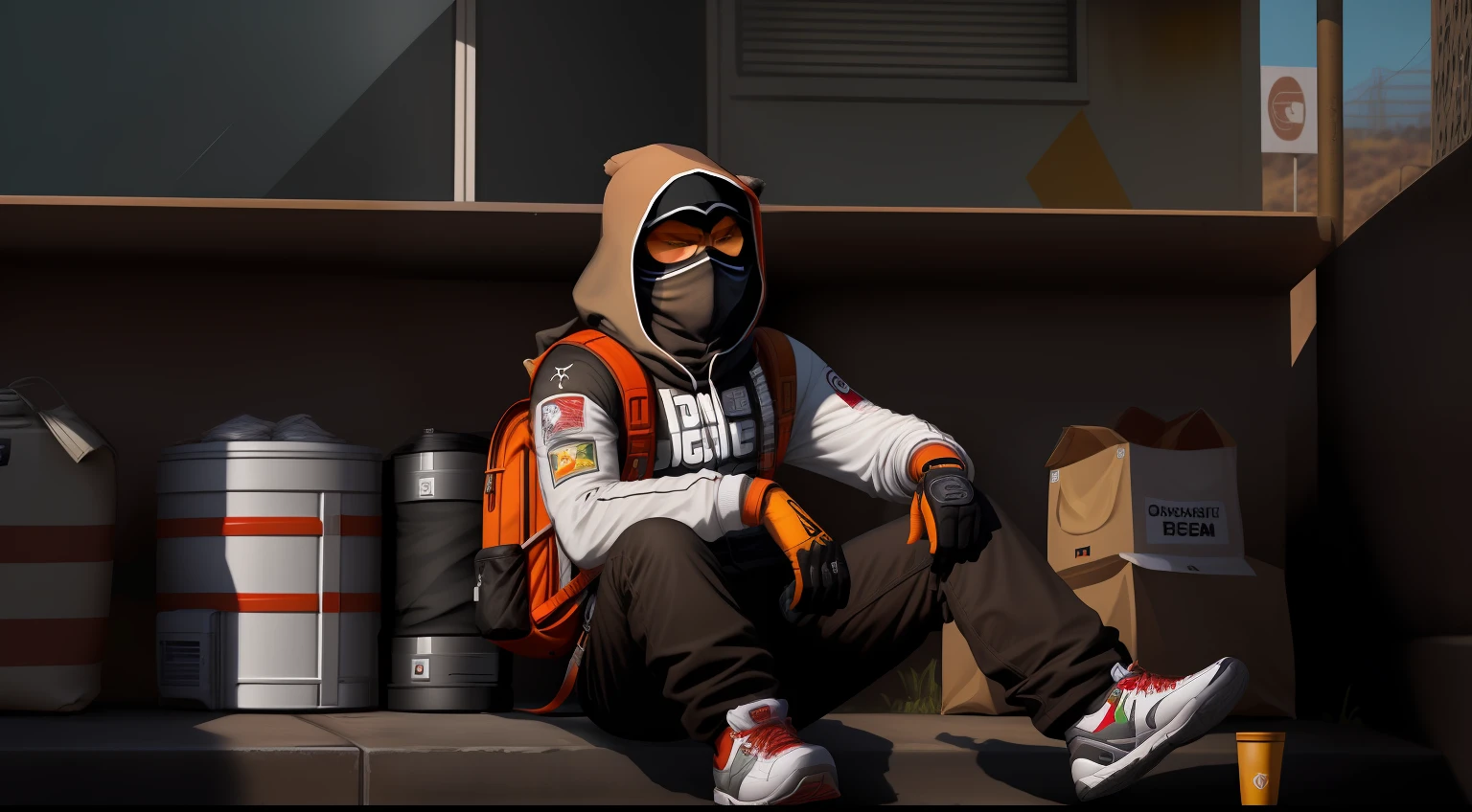 GTA5 orange-brown owl mask fully covering head, Jaqueta Branca, Estampa de coruja levantando as asas nas costas, backpack in left hand with money falling, Five-Seven pistol in right hand, por do sol, Black pants with minimal white stripes, Jordan Red Sneakers, Rolex watch on right wrist, corrente prateada com "VS" de prata, pele natural, 8k UHD, alta qualidade, filmic grain, Fujifilm XT3, 80mm, hasselblad, dslr, 20mp,soft-lighting, por do sol, (Pele altamente detalhada:1.2, alta qualidade, grain of film