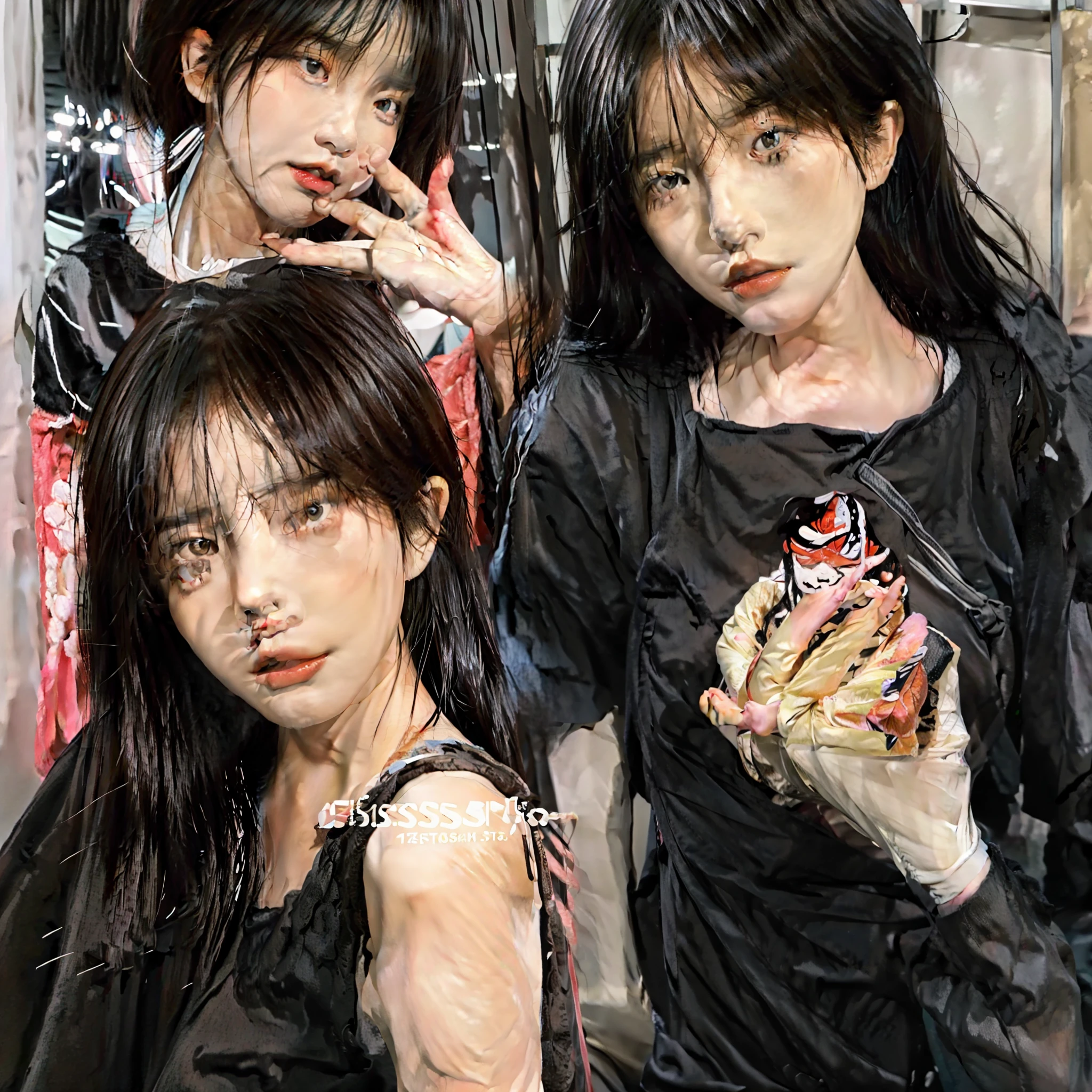 Close-up of a woman with long black hair in a low-cut outfit, Lace edges,Korean girl, ulzzangs, Shin Jinying, beautiful Korean women, She has black hair,By bangs, jisoo from blackpink, lalisa manobal, Choi Hyun-hwa, jaeyeon nam, Gorgeous young Korean woman, Beautiful young Korean woman, jisoo of blackpink,The upper part of the body,8k,Rounded chest,torso