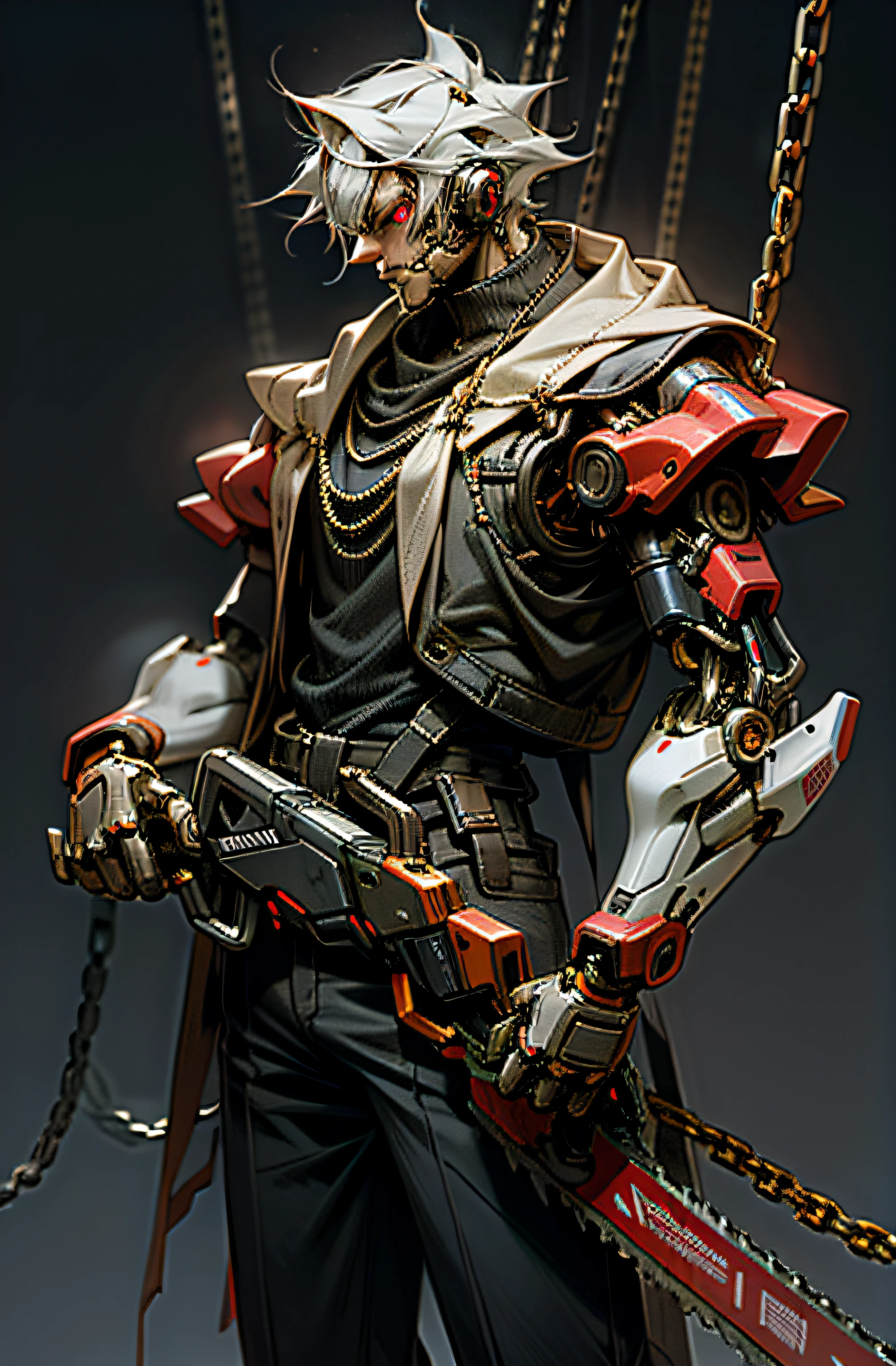 Dark_Fantasy,Cyberpunk,(chain saw,chain saw man,Red:1.1),1man,Mechanical marvel,Robotic presence,Cybernetic guardian,