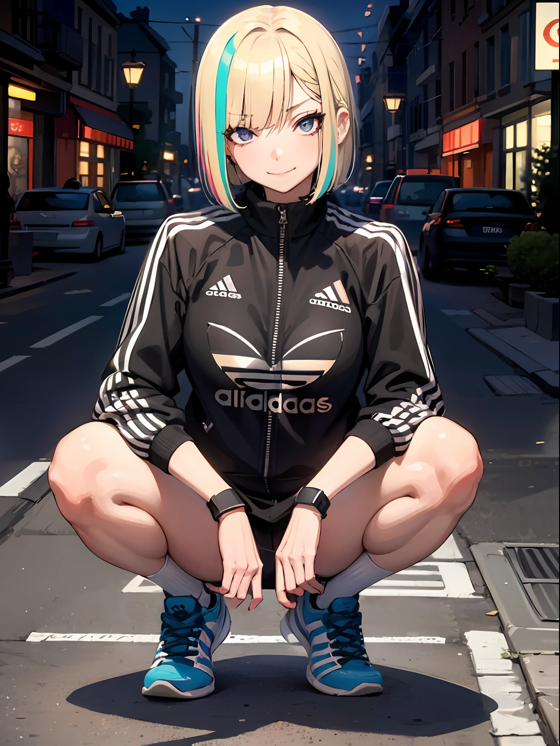 masterpiece, best quality, tadidas, 1 mature female, detailed eyes, smirk, bob cut, multicolored hair, adidas tracking suit, looking at viewer, squatting, wall, graffiti, side street, night, neonlights