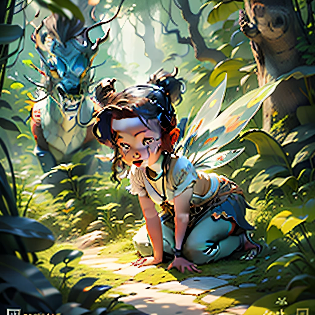 imagina um menino e uma menina de 8 anos em forma de desenho animado, juntos, Em busca do Tesouro Oculto: The Fantastic Adventure in the Enchanted Forest,  om legendary animals: tartaruga, Fairy and Rainbow Dragon 4K