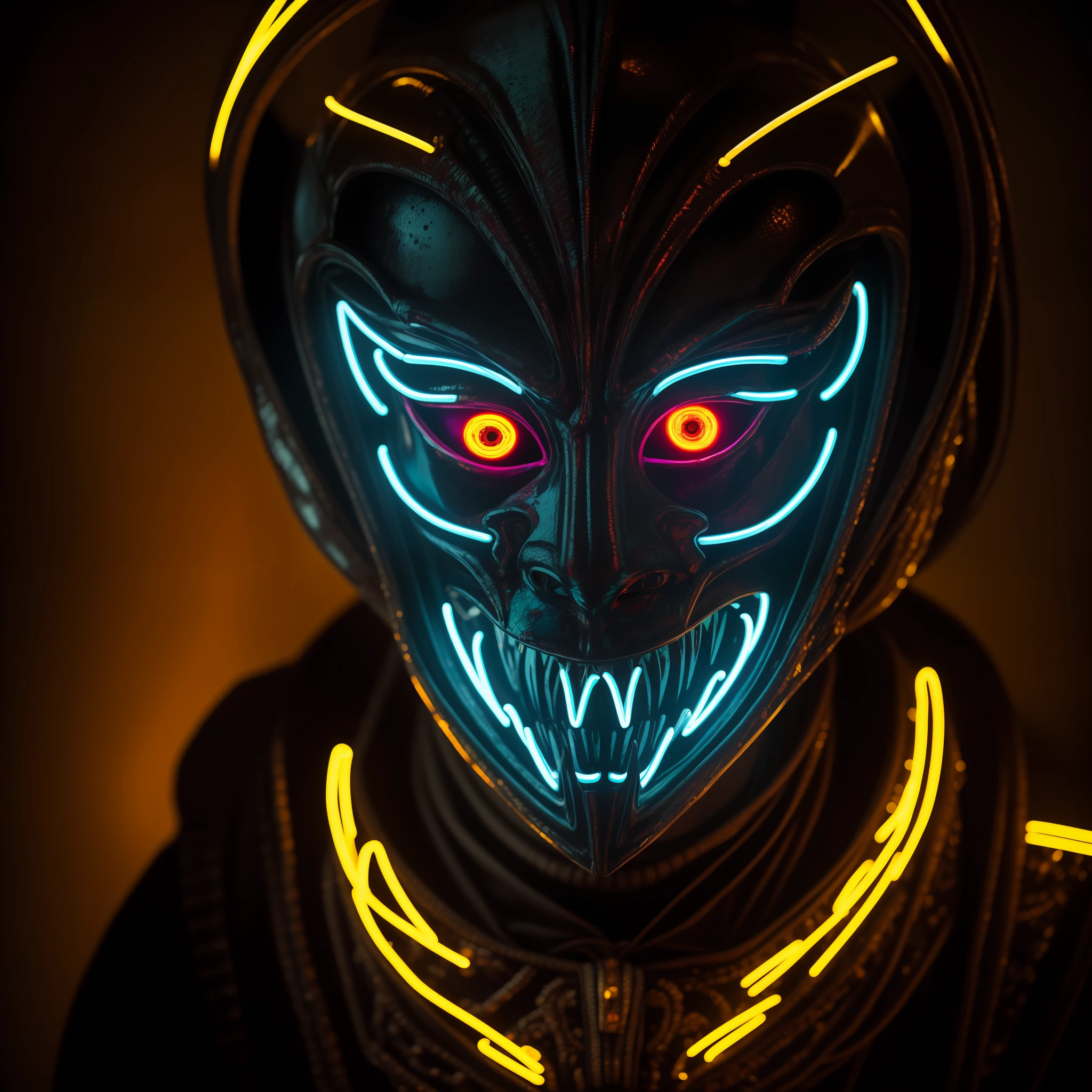 a cinematic photo of a psychedelic horror entertainer, alien skin, oozing fluids, realistic, natural lighting, wearing a highly intricate venetian mask with fluoro highlights, aztech patterns, kintsugi mask, creepy, glowing eyes, infused with neon wiring