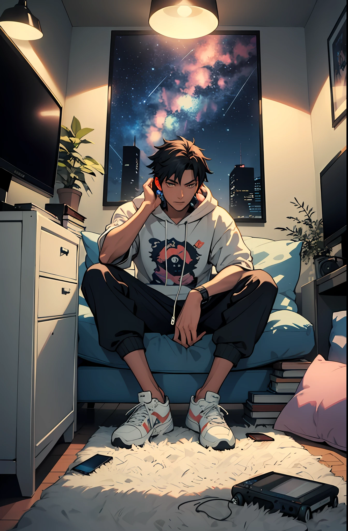 beste-Qualit, 1Woman, 独奏, Hot, grown up, hair light, deep, A detailed eye, Cool hair, piercing eyes, the perfect body, 25 years, Sexual, winning, sitting, Window, video game console, Monitor screen, tv set, Videotapes, VCR, earphones, tape recorder, skateboard, electric guitar, cars, View from the window, night city, neon lights, the panorama, a starry sky, galactic, motley, Full color, феерверк, Sofa, Playful, living room, Cosy, cheery, posters, pillows, blankets, lava lamp, a table, chair, cozy atmosphere, bright colours, soft pastels, Plants, Books, novels, Marvel figurines, posters, PICTURES, posters, wall scrolls, Stickers,  Ornaments, bed, blankets, pillows, warm blankets, comfortable clothes, casual wear, Hip-hop apparel, hoody, sweatpants, briefs, tshirt, t shirt, ankle socks, sneakers, curvy legs