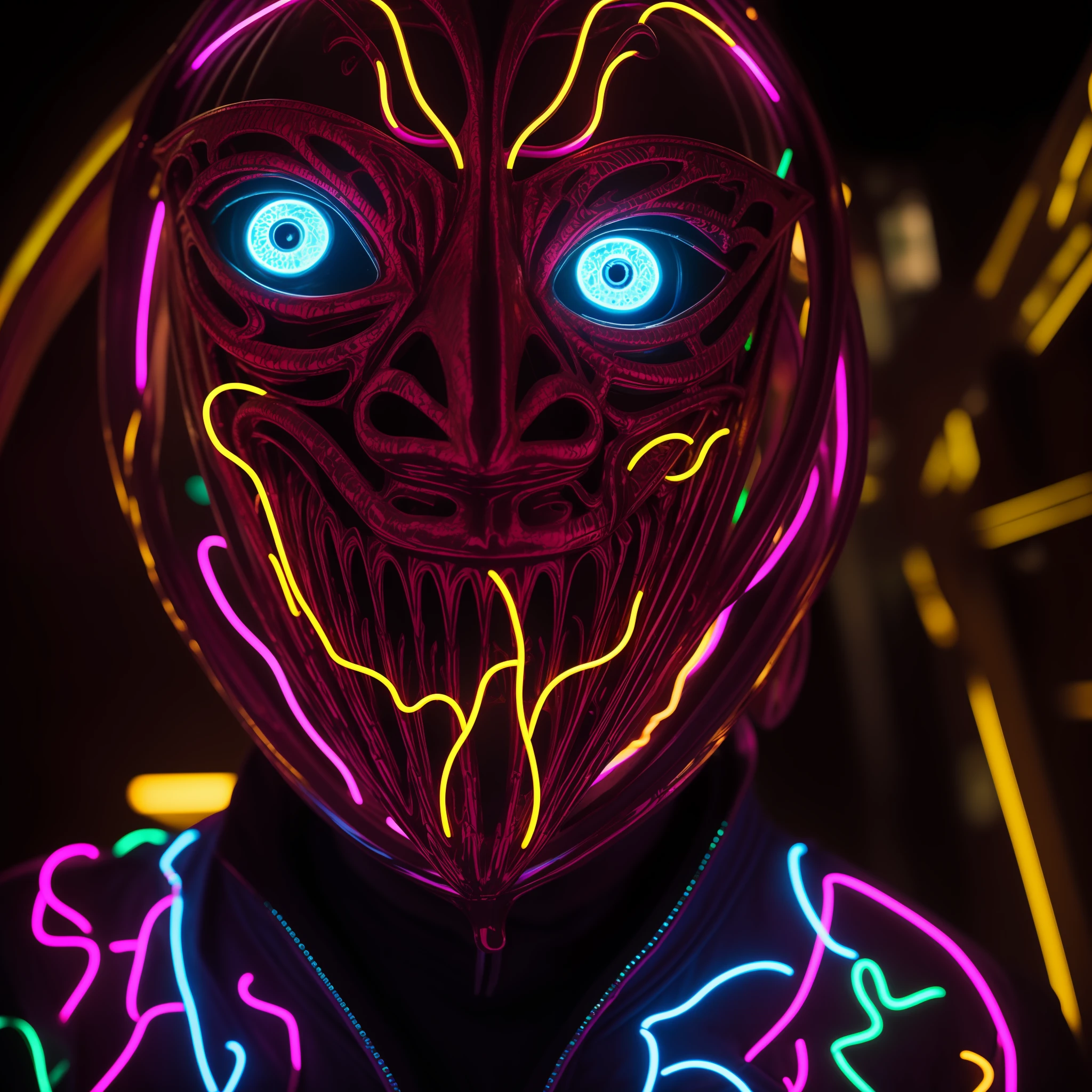 a cinematic photo of a psychedelic horror entertainer, alien skin, oozing fluids, realistic, natural lighting, wearing a highly intricate venetian mask with fluoro highlights, aztech patterns, kintsugi mask, creepy, glowing eyes, infused with neon wiring