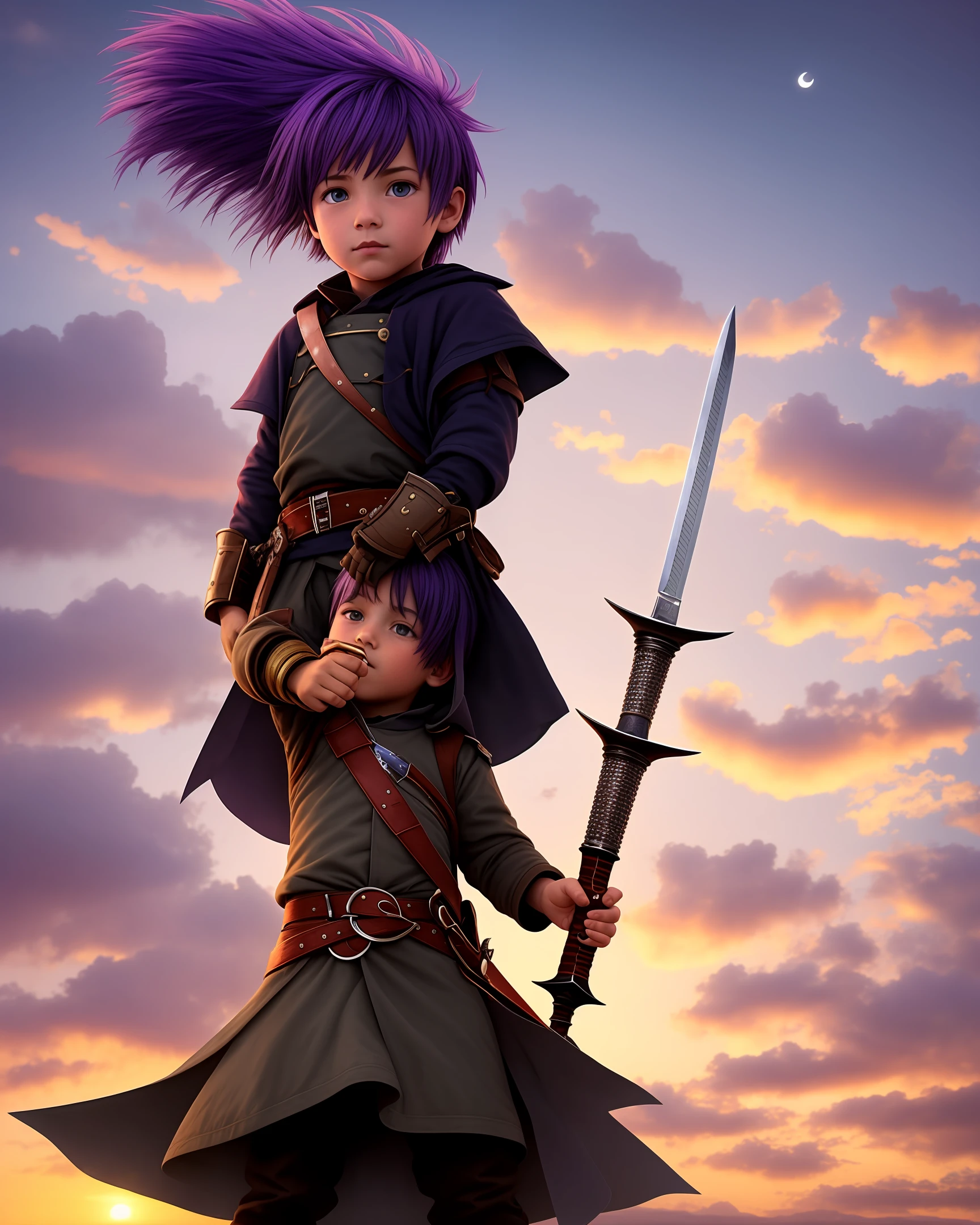 The  boy in the sky with purple hair carries a sword in his hand