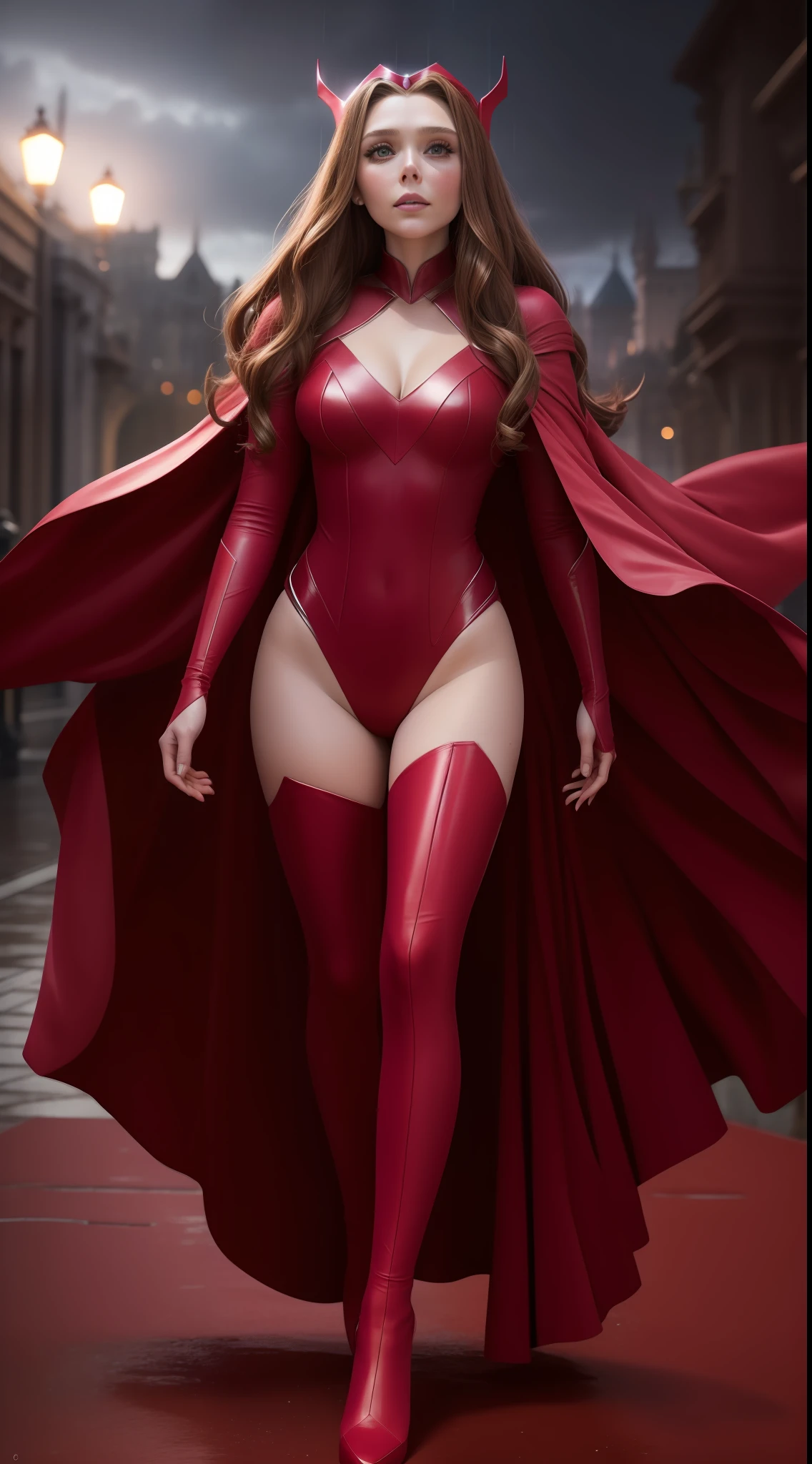 Elizabeth Olsen, beautiful, Scarlet Witch Cosplay, full body photo, scarlet witch tiara, red swimsuit, ((Scarlet Witch)), pink pantyhose, prominent figure, night, photo (Masterpiece) (Best quality) (detail) (8K) (HD) (Wallpaper) (Cinematic lighting) (Sharp focus) (Intricate), sexy, rain, best quality, ultra high resolution, realistic photo, full body portrait, incredibly beautiful, dynamic poses,  detailed skin texture, highly detailed skin, detailed face, beautiful legs, soil