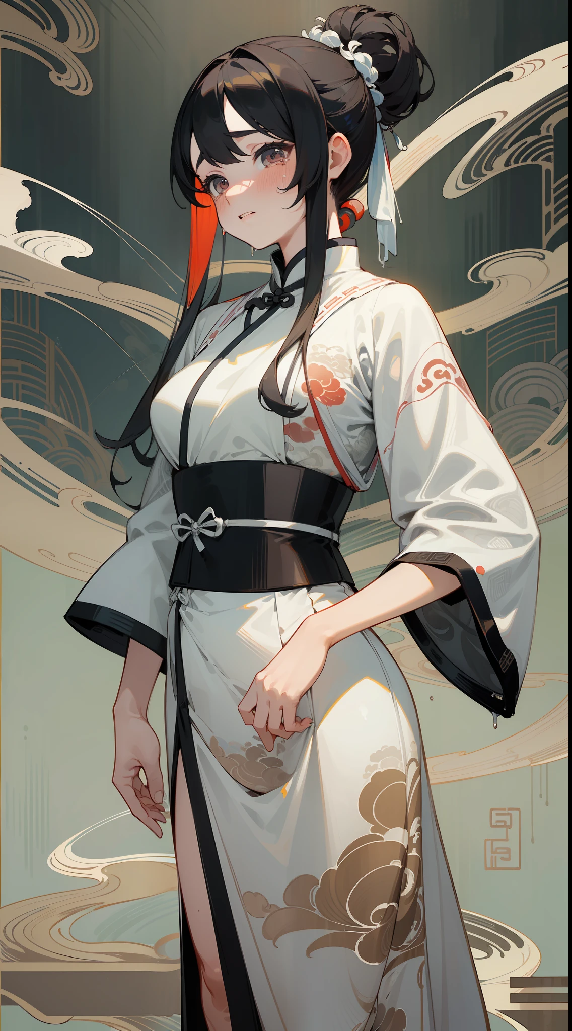 (((Masterpiece))),(((Best quality))),(((Amazing detail))),((illustration)),((8K wallpaper)),(Chinese painting),(ink painting),a girl,updo,long sideburn,flowing hair,wearing white Hanfu,white Chinese traditional clothes,standing by the lake,turn around,full body,crying,tears,black pupil,medium breasts,black and white