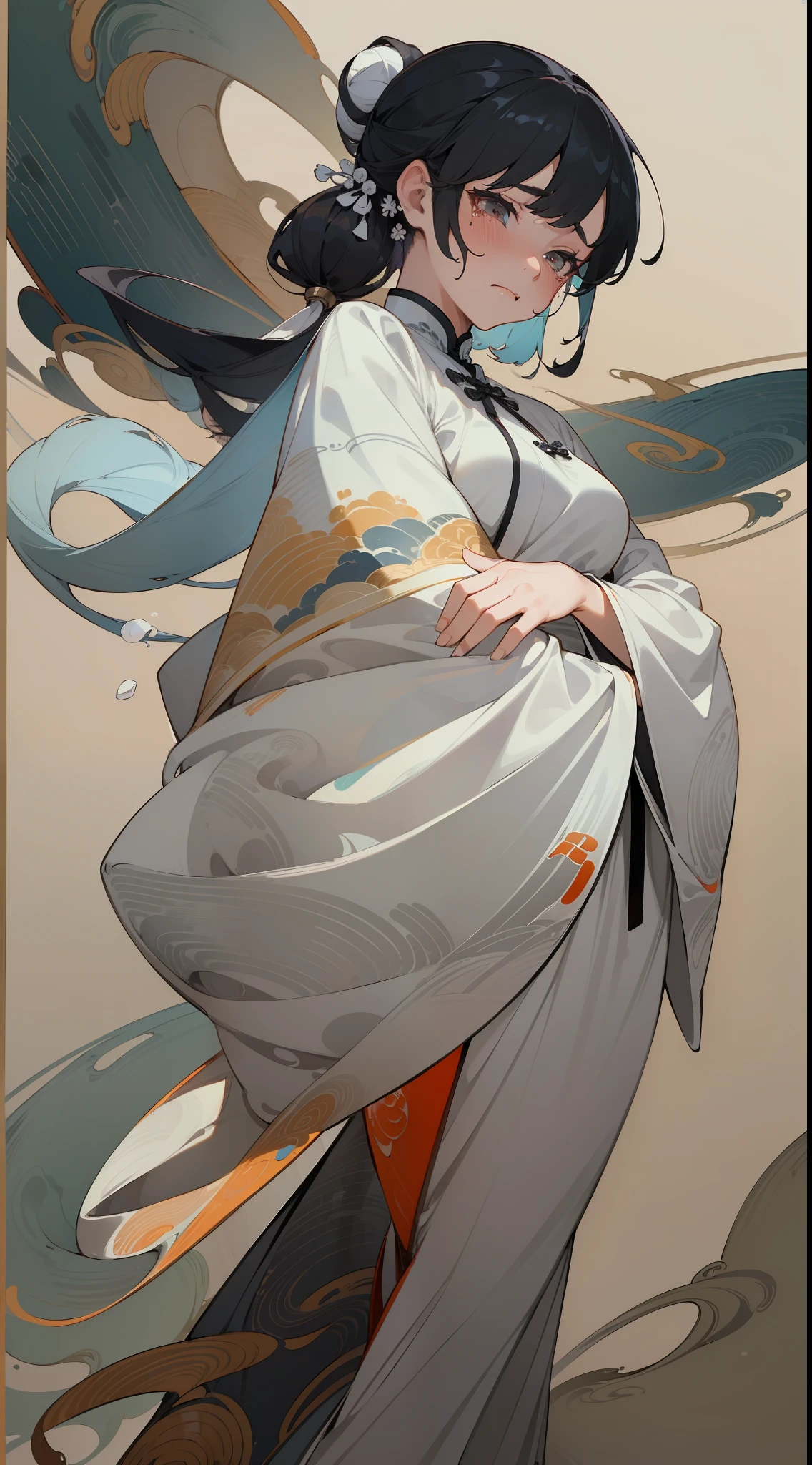 (((Masterpiece))),(((Best quality))),(((Amazing detail))),((illustration)),((8K wallpaper)),(Chinese painting),(ink painting),a girl,updo,long sideburn,flowing hair,wearing white Hanfu,white Chinese traditional clothes,standing by the lake,turn around,full body,crying,tears,black pupil,medium breasts,black and white