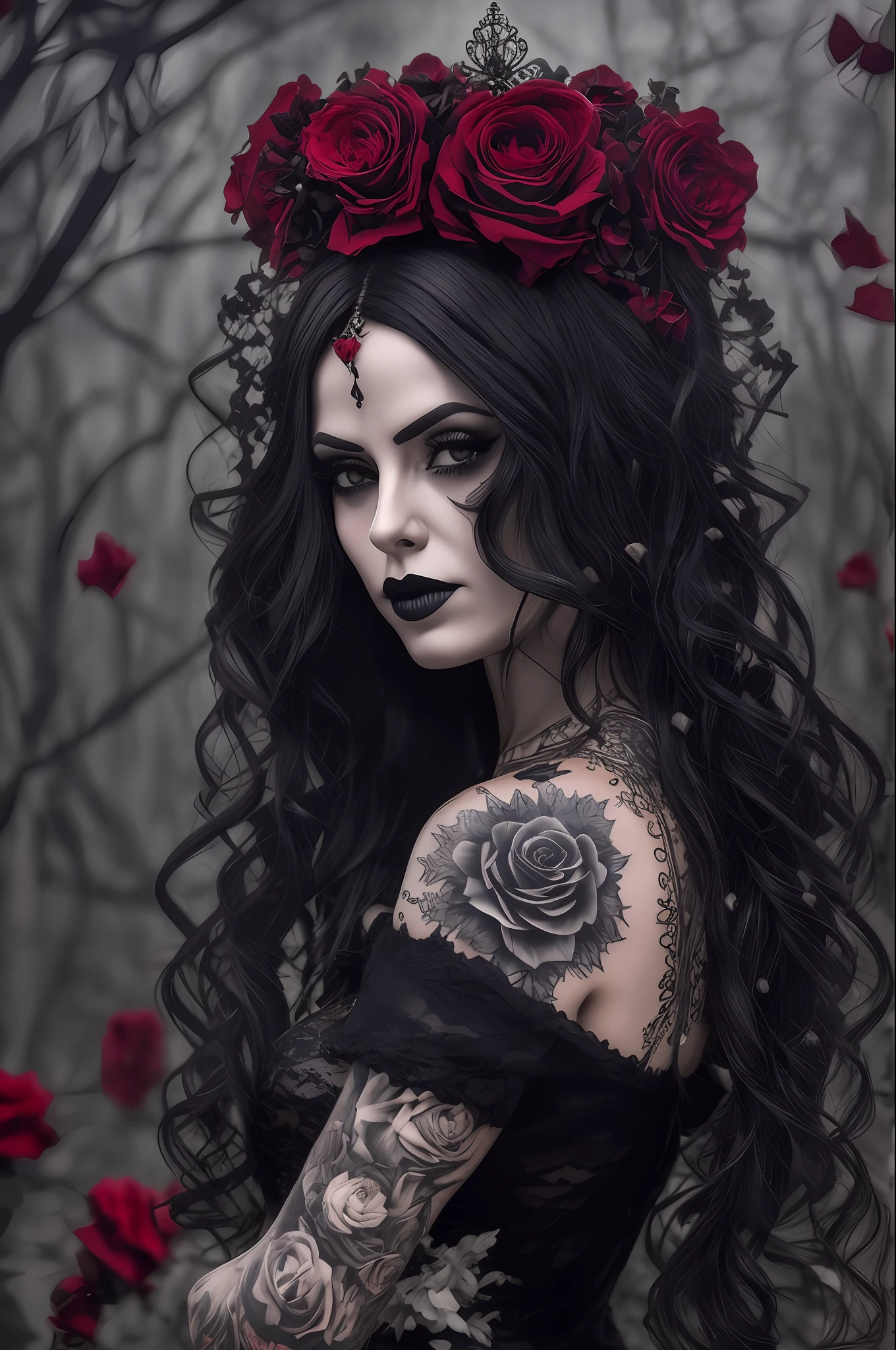 bela mulher tatuada, cabelos curtos preto, corpo inteiro, Gothic black dress, luvas de rena preta, on his head a red crown of roses, gotic, belissimo, mais alta qualidade, 8k, ao fundo uma floresta escura, com borboletas iluminadas