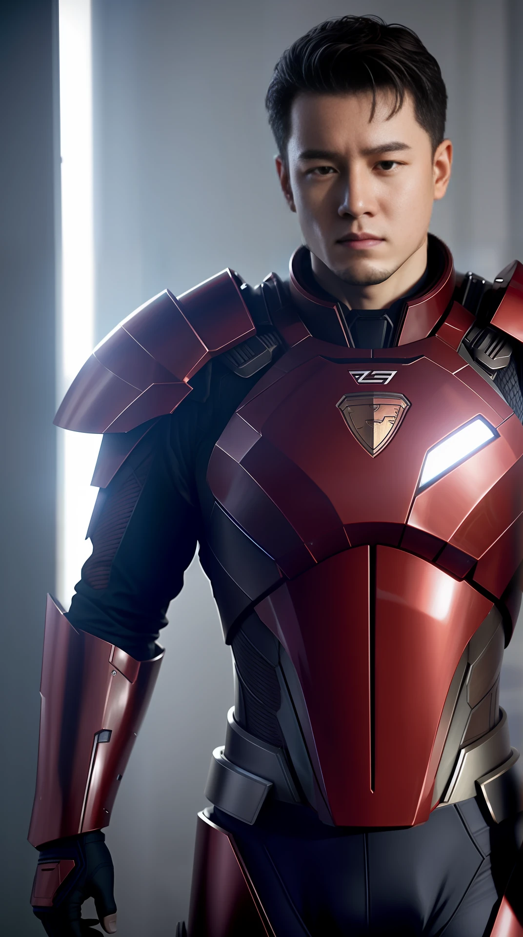 Wearing a red suit，Arad man with sword in hand, Elon Musk as Steel Man（As Iron Man）, High-tech red armor, Tom Cruise as Iron Man, Tom Cruise as Iron Man, Benedict Cumberbatch as Iron Man, Red armor, Wearing sci-fi armor, Keanu Reeves as Iron Man, science fiction suit, wearing futuristic armor, Close-up Shot Shot, photogenic details on armor