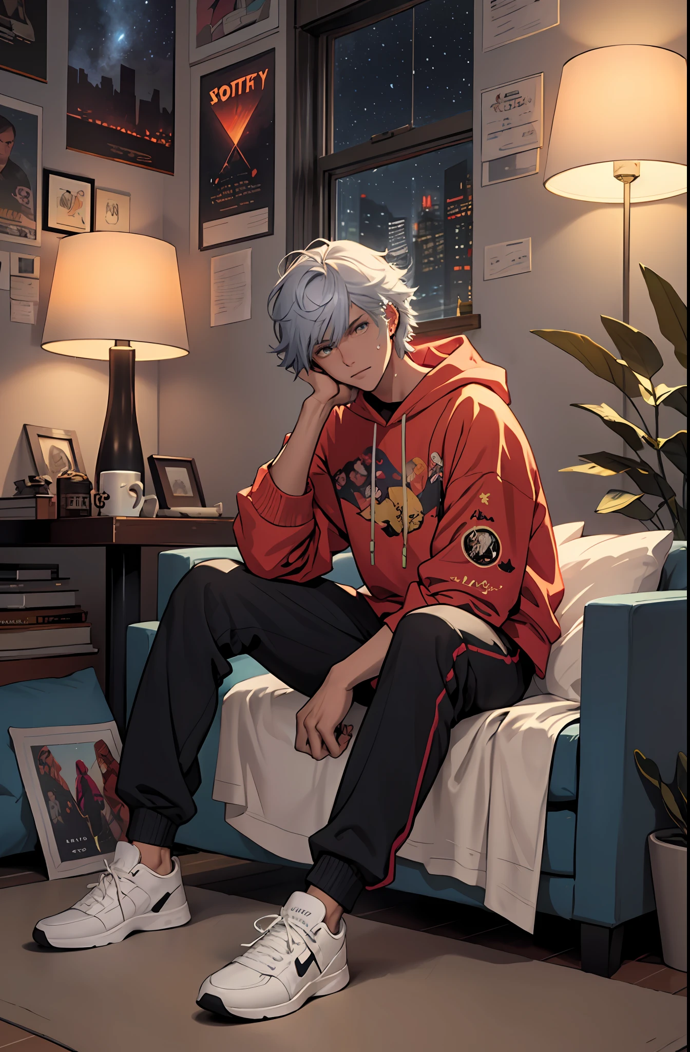 beste-Qualit, 1Woman, 独奏, Hot, grown up, electric guitar, music, hair light, deep, A detailed eye, Cool hair, piercing eyes, the perfect body, 25 years, Sexual, winning, sitting, Window, stained glass windows, View from the window, night city, neon lights, the panorama, a starry sky, galactic, motley, Full color, феерверк, Sofa, Playful, living room, Cosy, cheery, posters, pillows, blankets, lava lamp, a table, chair, cozy atmosphere, bright colours, soft pastels, Plants, Books, novels, Marvel figurines, posters, PICTURES, posters, wall scrolls, Stickers,  Ornaments, bed, blankets, pillows, warm blankets, comfortable clothes, casual wear, Hip-hop apparel, hoody, sweatpants, briefs, tshirt, t shirt, ankle socks, sneakers, curvy legs