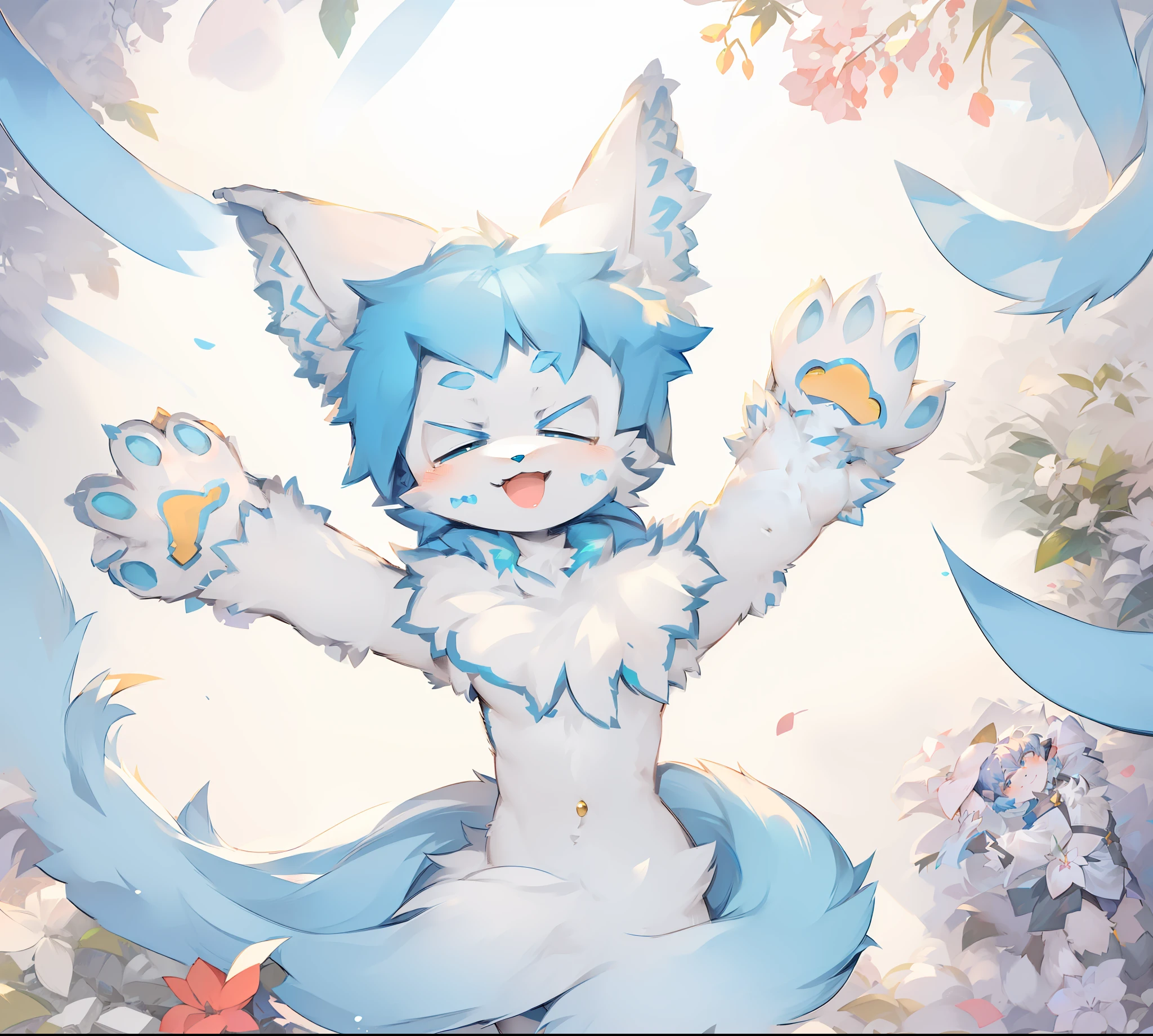 hairy pubic，Furry character, with pointy ears, hairy arms,Furry art!!!White fur，Blue hair，Big furry tail，looking at viewert，Arms spread wide。Cute furry，Lean body type，Furry Shota。