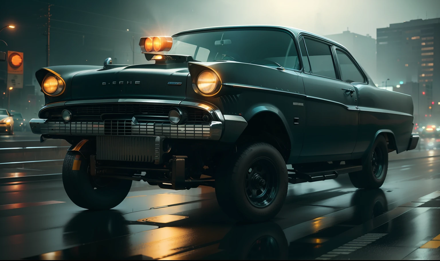 Uma noite chuvosa em uma cidade cyberpunk. The shiny black Chevy 57 Gasser is parked in a garage, the headlights on and the engine rumbling. The surrounding buildings are tall and slender, feitos de metal e vidro. As luzes neon piscam nas janelas, and the air is full of the sound of electronic music. The car is covered in rain, and the reflections of neon lights dance on the surface of the metal. O motor do carro ruge, e ele acelera para fora da garagem, entrando na noite chuvosa. The wheels of the car spread water across the wet track, e o carro acelera pela cidade, Leaving a trail of water behind. As luzes neon piscam no carro, and the sound of electronic music fills the air. The car is an impressive sight, and he cuts through the city like a blade. --auto