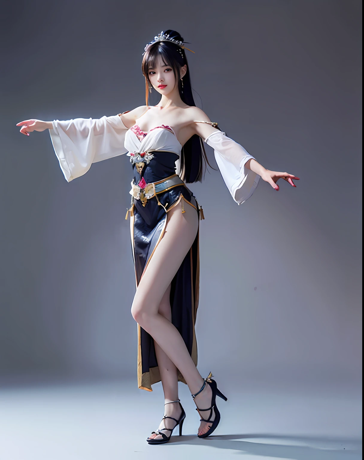 (masterpiece, best quality, beautiful portrait:1.4) of a stunning 25yo chinese 1girl, (full body view:1.6), (seductive pose:1.2), breasts:1.2, (armpits focus:1.5), solo, long black hair, sidebangs, bare shoulders, (perfect face, perfect eyes, insanely beautiful face:1.3), happy smile, hanfu, (looking at viewer:1.6), (grey background:1.3), colorful, highly detailed, ultra realistic, deep field of depth, (sharp focus:1.6), insanely intricate, 8k