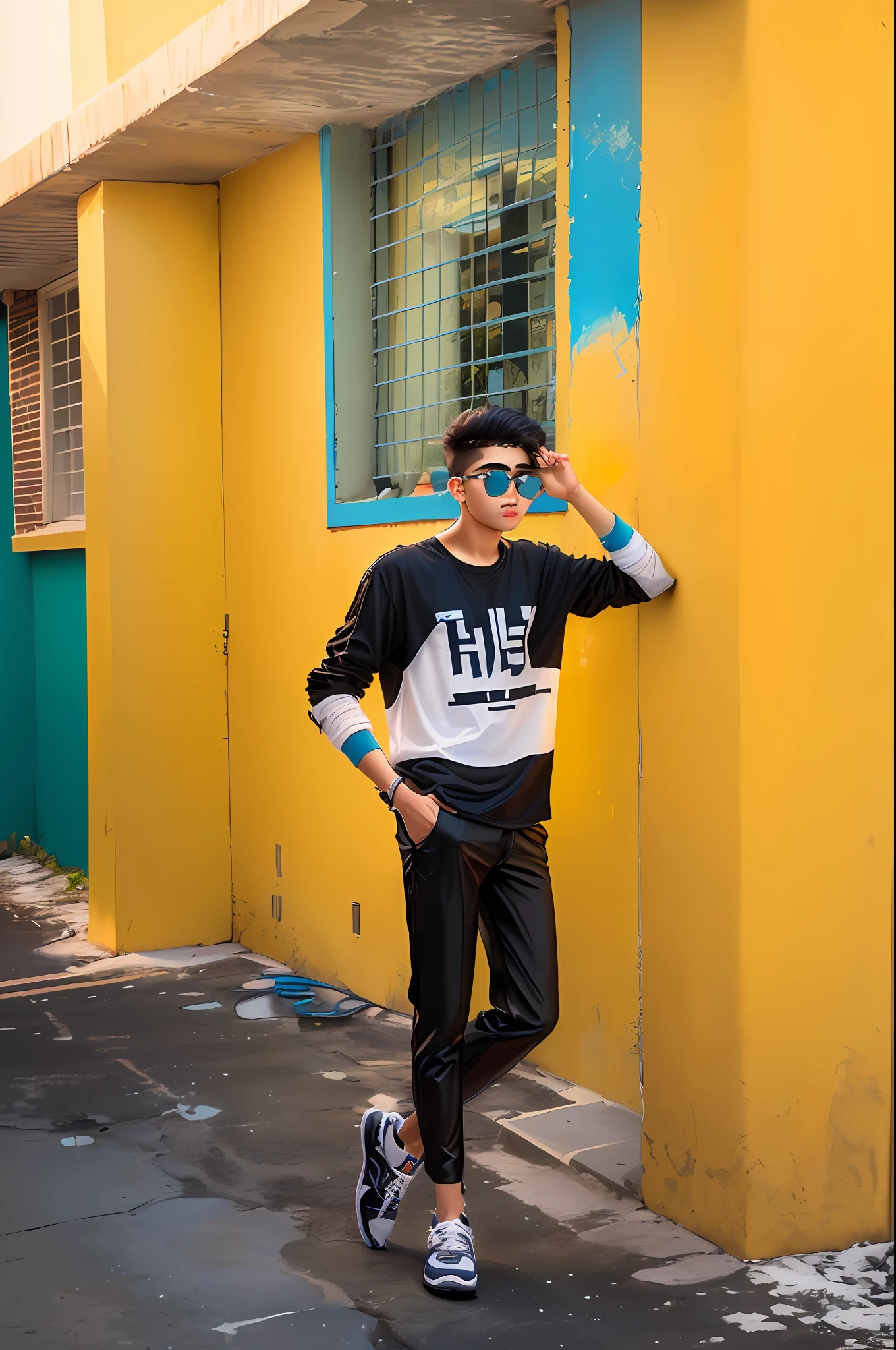 there is a man standing in front of a building with a black shirt, !! low contrast!!, wearing off - white style, casual photography, taken with canon 8 0 d, stylish pose, with lovely look, with a cool pose, standing in township street, wearing a designer top, modeling shoot, age boy, teen, taken with canon eos 5 d
