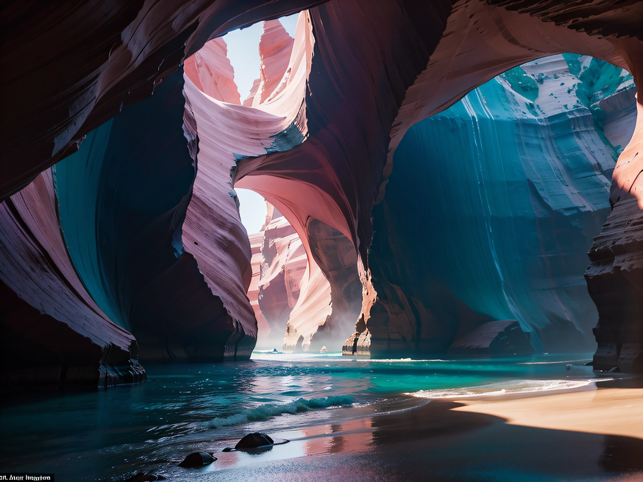 sea beach，Turquoise waters，early evening，dim murky lights，There is no cloud，Pink-purple sky，Antelope Canyon，Some caves，Facing the sea，Very bleak and dull，Real and delicate，the night