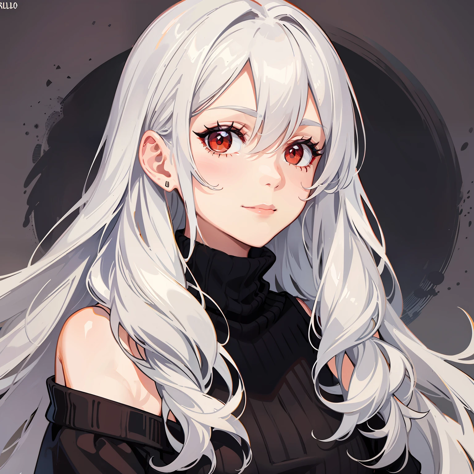 30 year old mature lady with long white hair; medias hasta las rodillas, Black sweater without shoulders, highneck sweater, Red eyes and small smile, falda corta, cuerpo completo, pechos grandes, flequillo entre los ojos, fondo negro