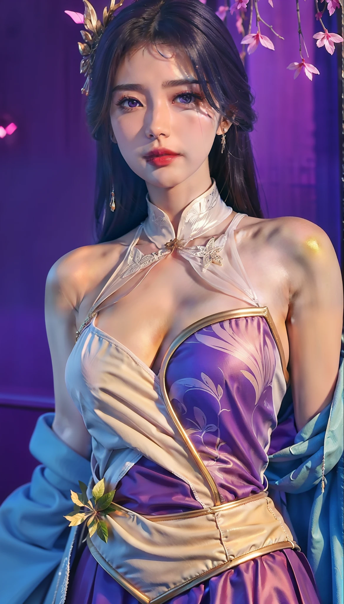 (1 cute Chinese star) realistic photo, medium breast size, purple slip dress, ancient Chinese architectural background, clear facial features, 8K high resolution, clear and realistic details, sexy long dress, gorgeous young Chinese woman, light purple