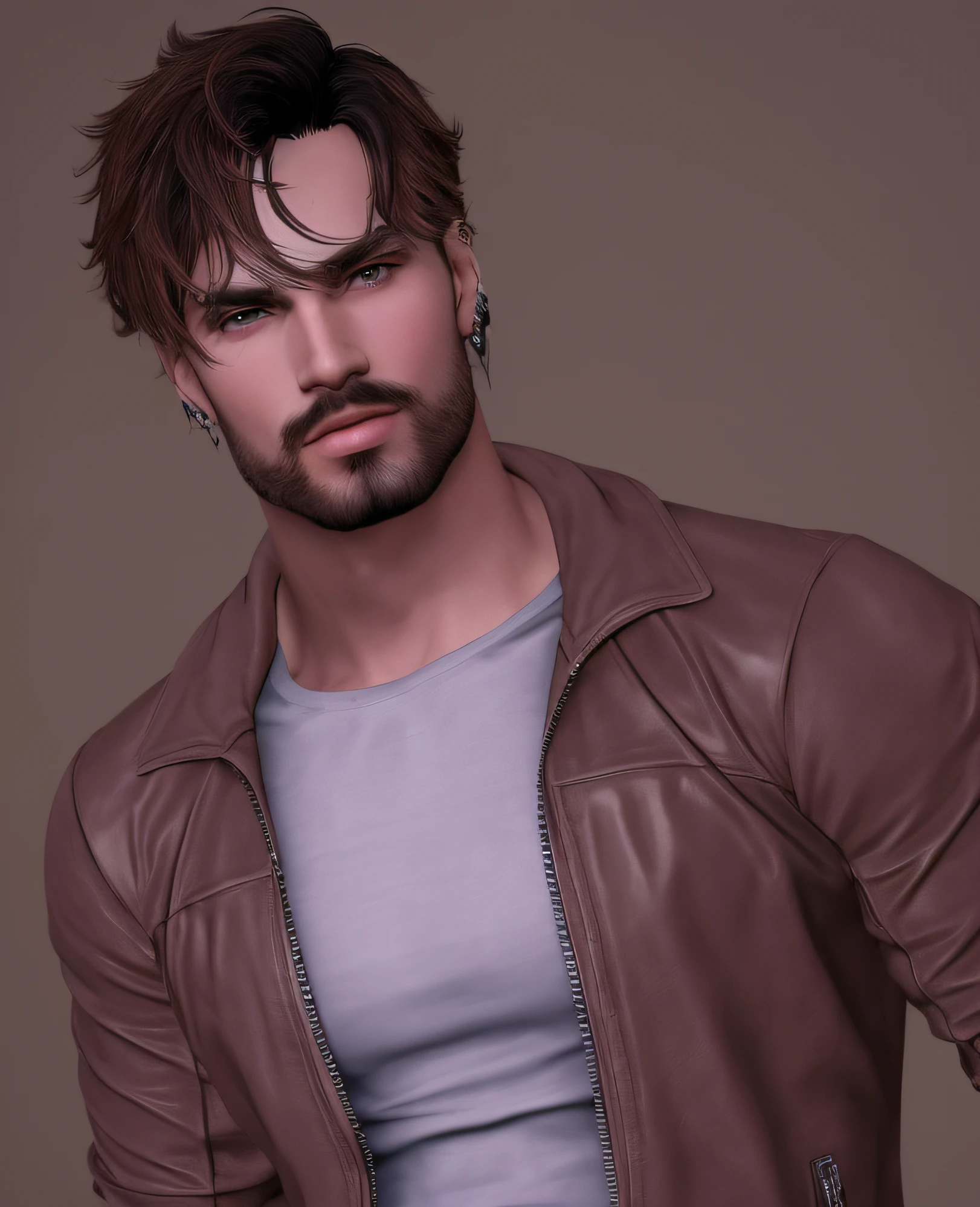 Homem com barba e jaqueta de couro posando para foto, inspirado em Allan Linder, inspirado em Ludovit Fulla, inspirado em Dean Roger, inspirado em Aleksander Gine, inspirado em Josef Abel, Avatar do Second Life, inspirado por Rudolf von Alt, Pose de perfil glamoroso, inspirado em Adam Manyoki, inspirado em Maximilian Cercha