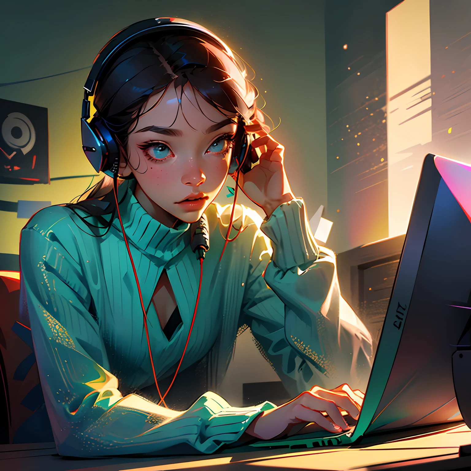 (A man: 1.5), expression joyful, facing the computer, with headphones, 8k, exquisite drawing style, details, super detailed, facial details delicate, simple clothing --auto --s2