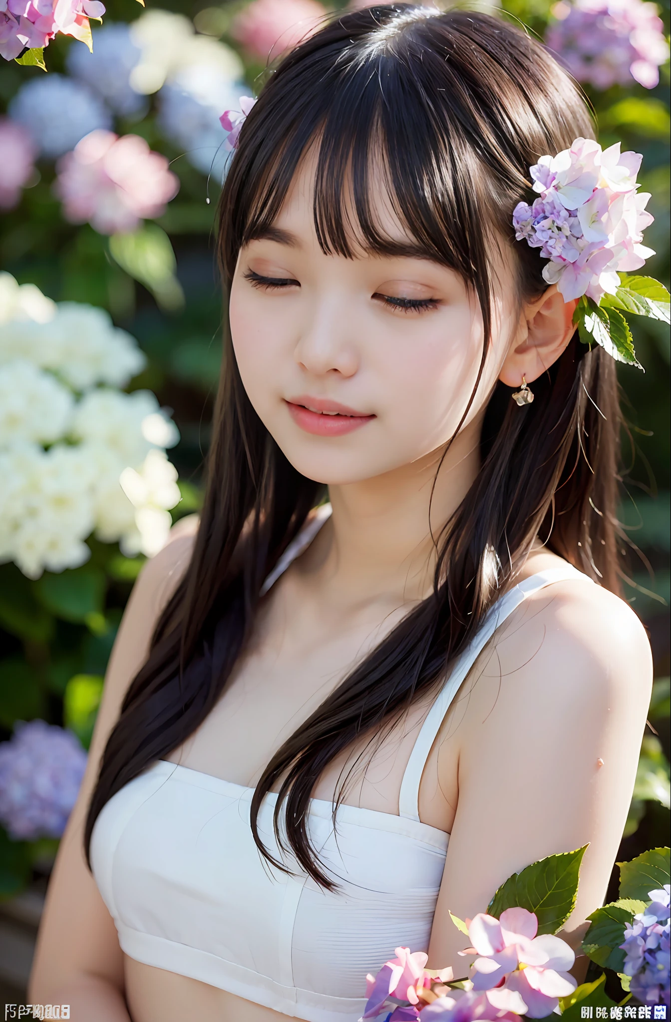 (((Full body photo))), backlight, lens flare, (((Super Soft Focus)), smiling, profile, eyes closed and looking up, twilight, showering, hydrangea in the background, surrounded by hydrangeas, soft sunset, (yinchuan:1.5), bust-up photography, masterpiece, best quality, raw photo, photorealistic, face, beautiful girl, cute, short hair, depth of field, high resolution, ultra detail, fine detail, highly detailed, very detailed eyes and face, sharp pupils, realistic pupils, cinematic lighting