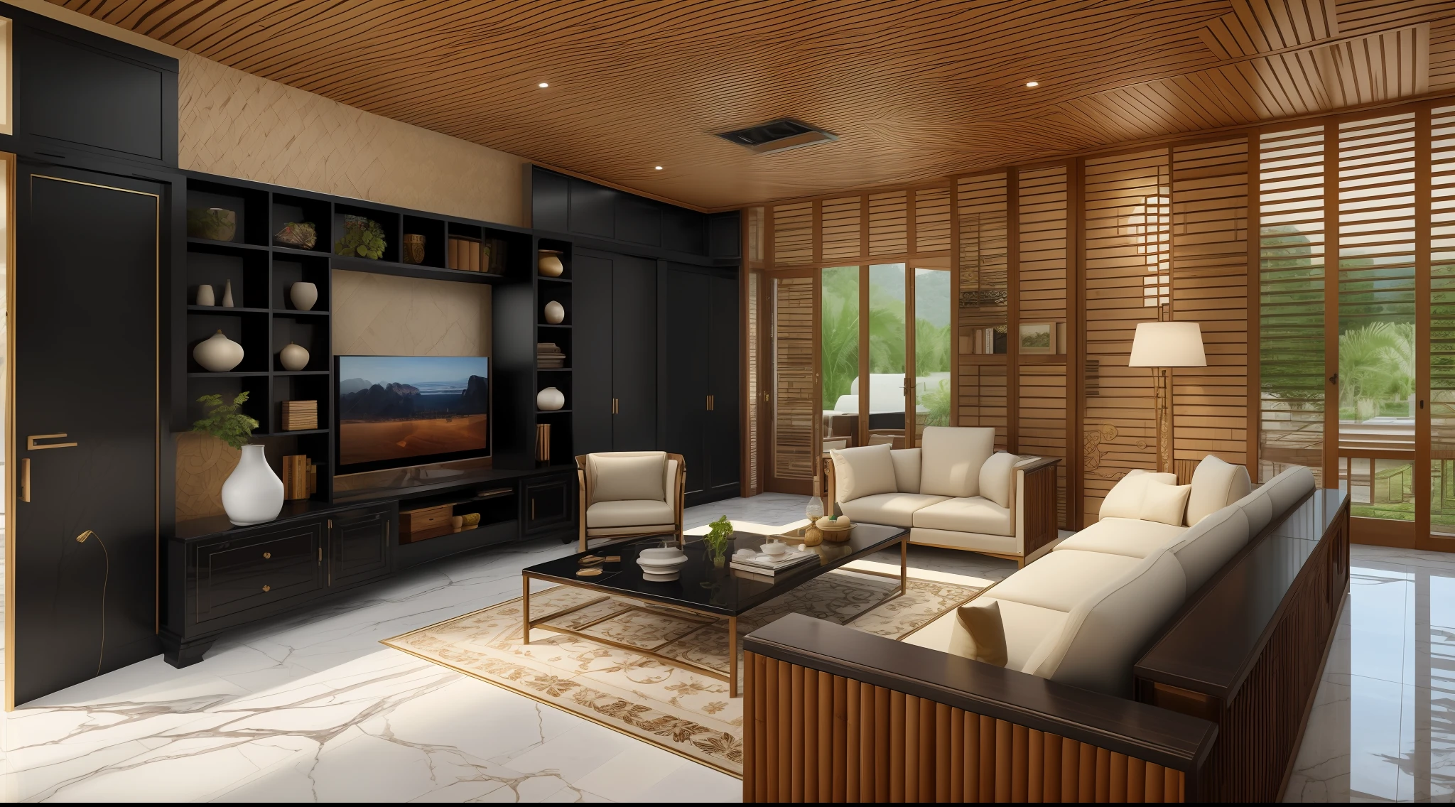((Best quality, 8k, Masterpiece :1.3)), Sharp focus :1.2, (living room indochina BLACK Wood design: 1.3), (leaf door panel:1.1), (((black painted wooden furniture:1.1))), (photo realisstic: 1.2), (hyperdetails: 1.2), 1 chair, oriental classical pattern wall paneling, 1 classical altar, 2 ottomans, style cabinets Indochina, indoor, indochina pano door, (Ceiling made of rattan and plasterboard), Stylized lotus pattern, stylized lotus-themed decorative painting, glossy marble floor,Round feather carpet, tiled floor with geometric pattern with border, bedside cabinet with curling iron pattern, Curved iron door, wooden frame door with panel made of wrought iron pattern combined with paper daylight, Unreal Engineer 8K, full HD 8K
