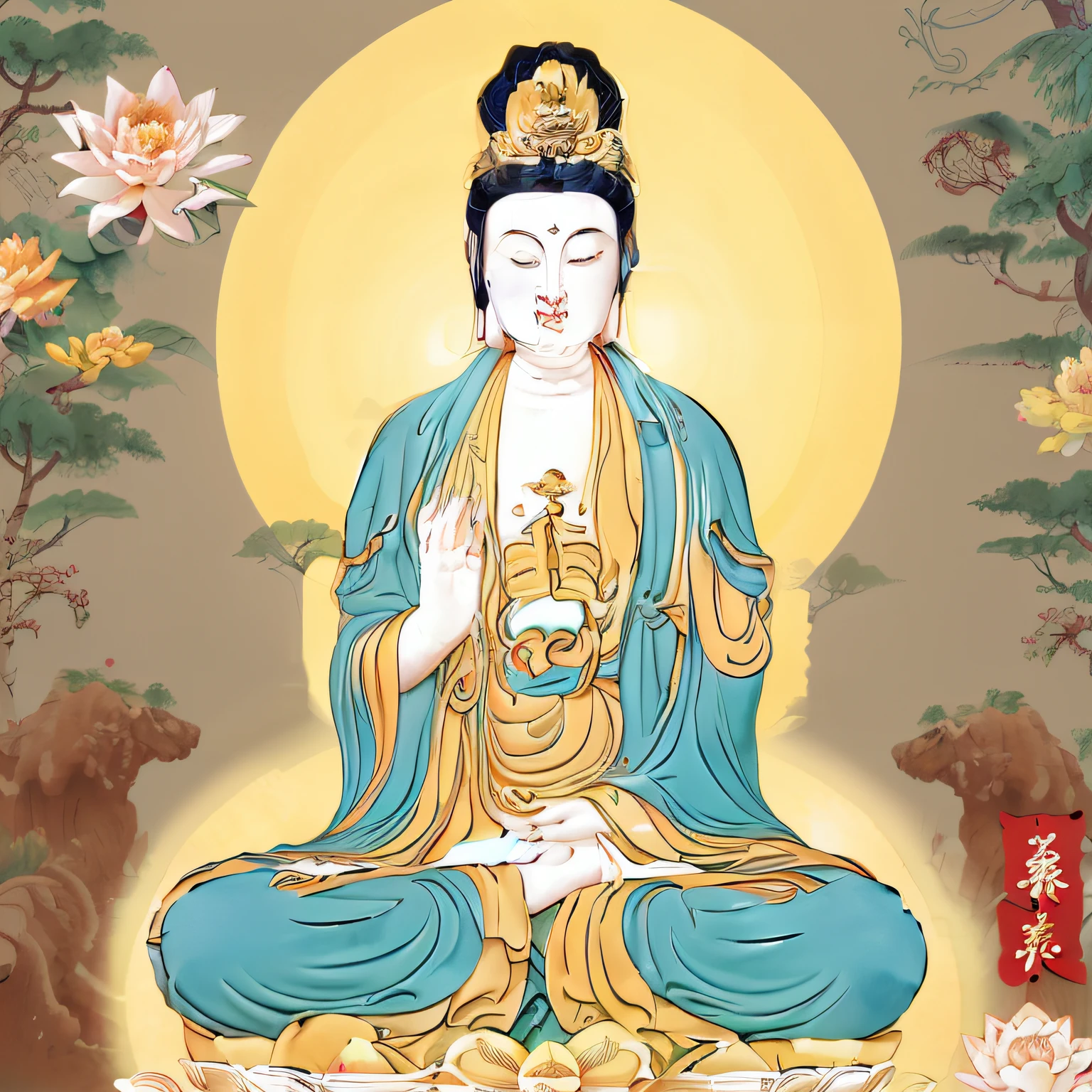 The Buddha statue sits in a meditative position,Guanyin, guanyin of the southern seas, bodhisattva, contented female bodhisattva, an ancient Chinese goddess, Buddha, a Buddhist Buddha, , Buddhism, Buddhist, Lotus, attractive male deity, inspired by Lü Ji, buddhist art --auto