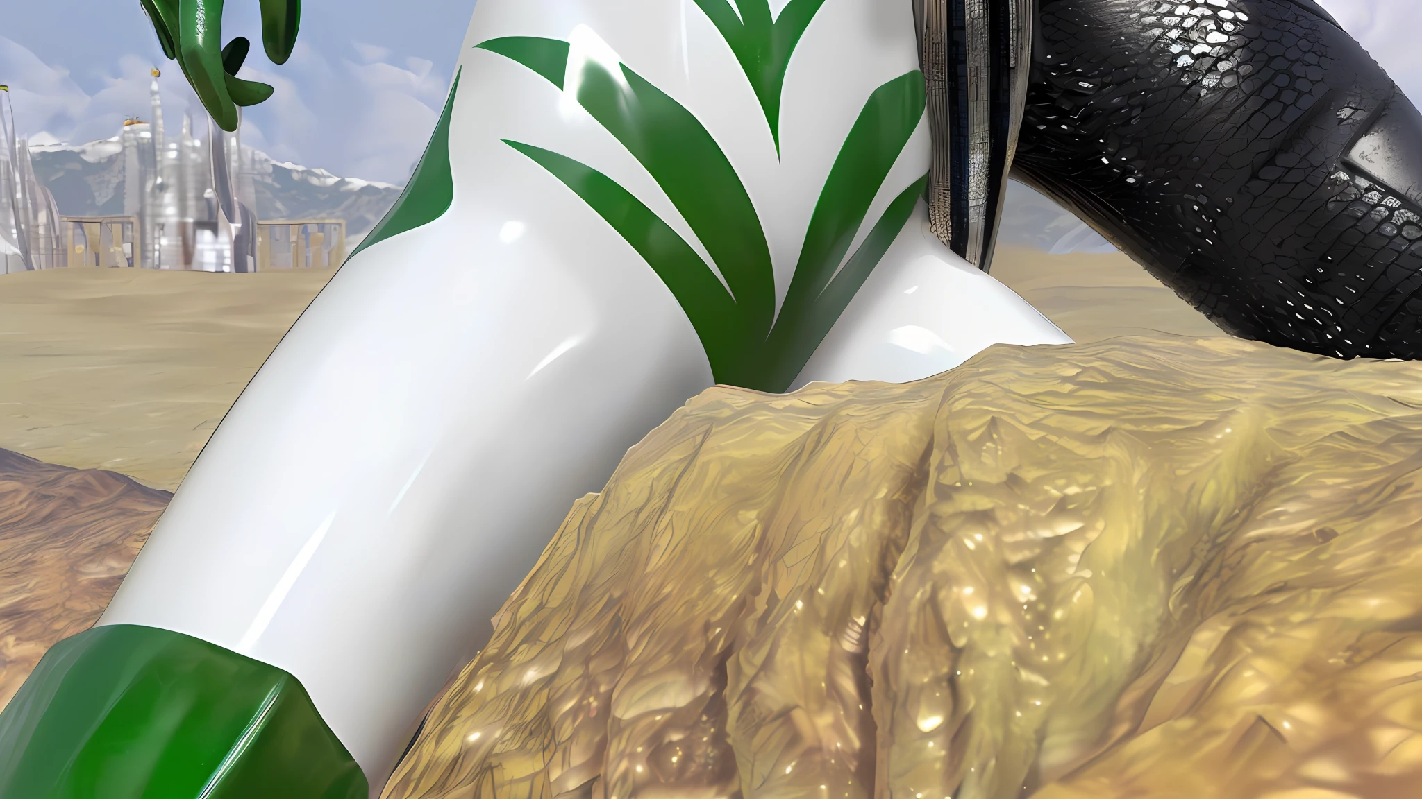 There is a close-up of the bike with green and white paint, detail render, high quality topical render, ((((rendering by octane, depicted as a 3 d render, Realistic hyper-detail, hyperdetailed crisp render, hyperreal rendering, super detailed render, highly detailed giantess shot, Octane rendering is ultra-detailed, rendered illustration, a macro giantess