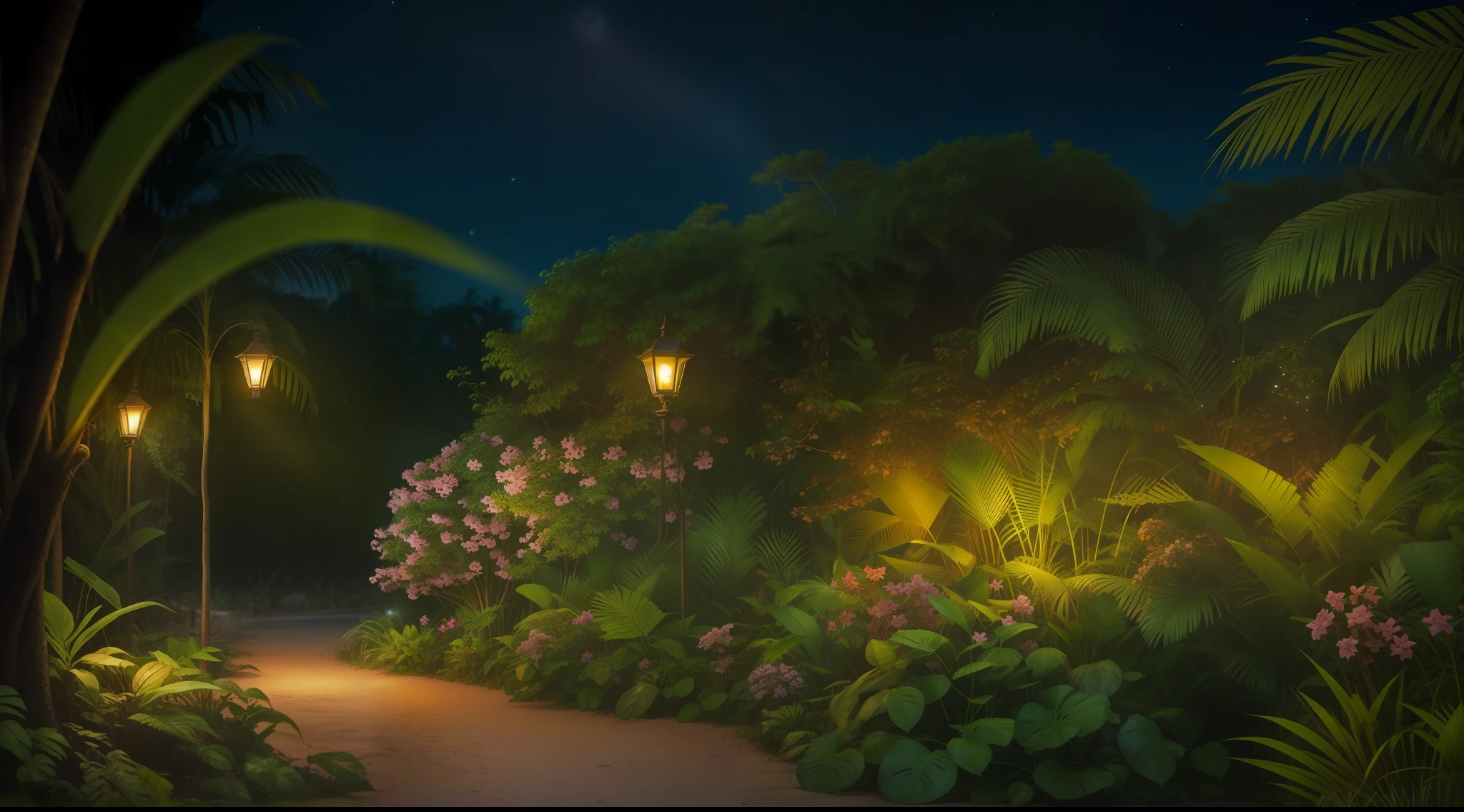 masterpiece, jungle at night among fireflies, garden, detailed background ancient ruins, 4k, 8k, high quality, high detailed, professional artwork, ultra realistic, photorealistic, photography, dslr, flawless, clean, masterpiece, perfect artwork, famous artwork, cinematic lighting, cinematic bloom, picture-perfect,