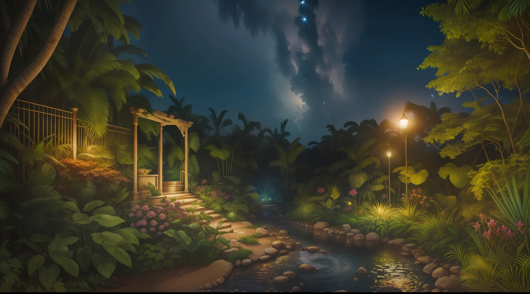 masterpiece, jungle at night among fireflies, garden, detailed background ancient ruins, 4k, 8k, high quality, high detailed, professional artwork, ultra realistic, photorealistic, photography, dslr, flawless, clean, masterpiece, perfect artwork, famous artwork, cinematic lighting, cinematic bloom, picture-perfect,