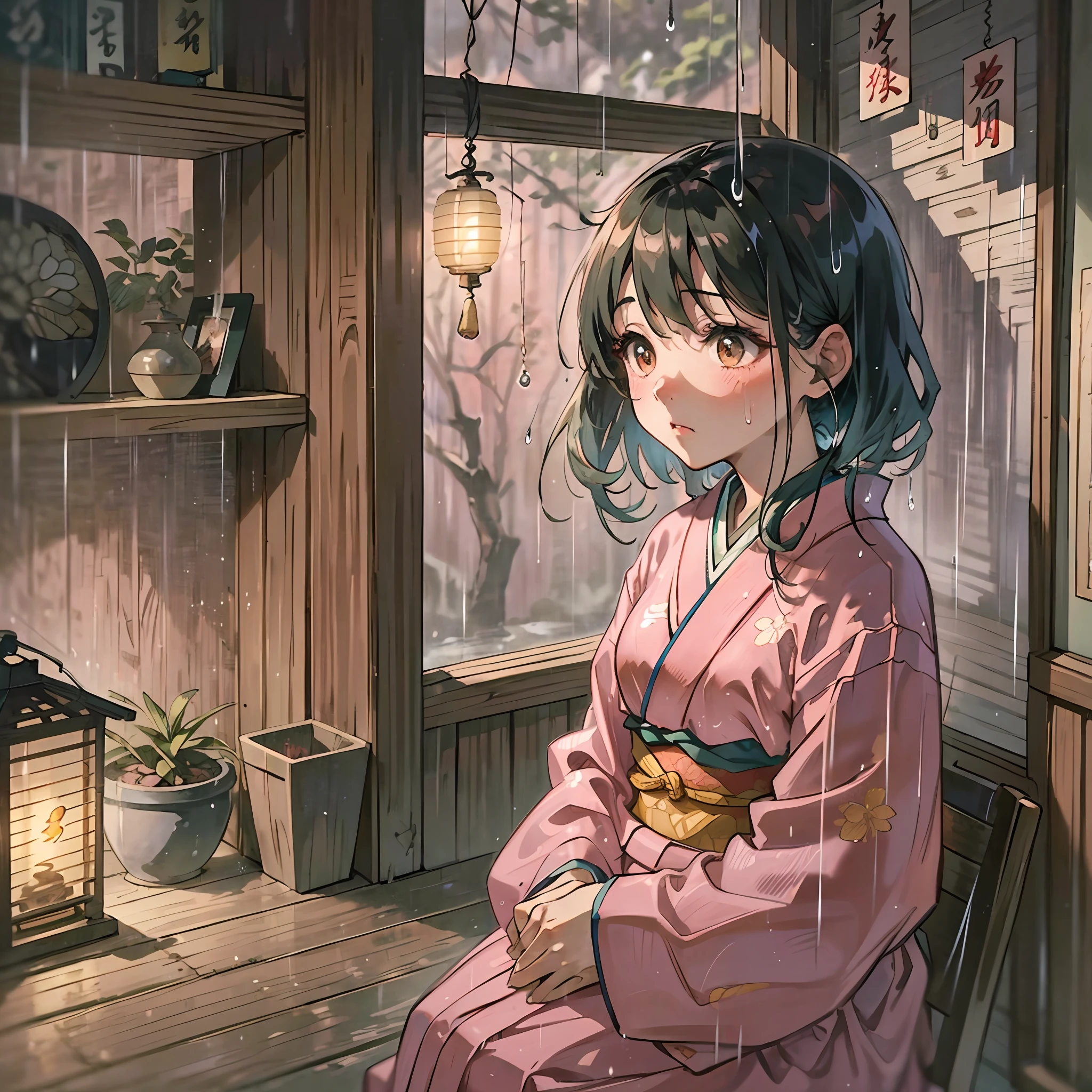 In exquisite HD picture quality,One dressed in a pink kimono(1.3)The girl sits alone in a wooden house,Holding a stuffed animal;Lightning is everywhere,Torrential rain poured down。Looming antique lanterns hang on the walls,Beautiful light and shadow and dim tones set off the melancholy atmosphere of the picture。 --auto