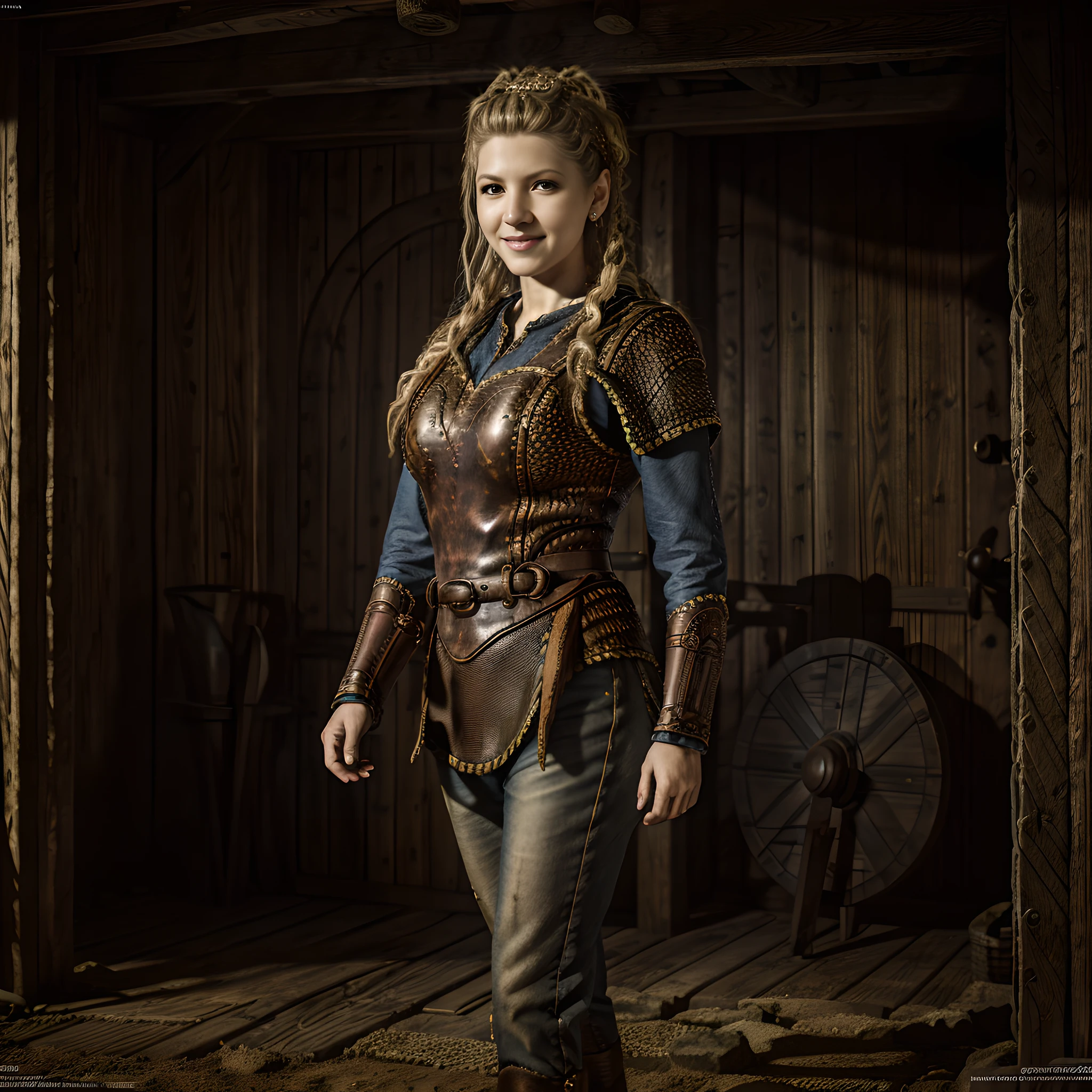 ((qualidade excepcional)), ((obra-prima)), ((true to reality)), guerreira viking, (Katheryn Winnick: 1.0), Vestindo armadura de couro, roupas detalhadas, textura de pele realista, Standing in front of a Viking hut, ((corpo inteiro)), (((Ultra-detailed hands and feet))), sorrindo, tatuagens, Enfeite, brincos, detalhes intricados, super realista, hiper detalhada, textura da pele, bronzeada, sardas, pele brilhante, foco nítido, volumeric lighting, bons destaques, bom sombreamento, espalhamento subsuperficial, intrincado, altamente detalhado, based on the Vikings series, ((cinemactic)), Dramatic, (mais alta qualidade, Concedido, obra-prima:1.5), (fotorrealista:1.5), fotografia, Realistic photo, Nikon, Luz Natural, 4k, highes definition, ......RAW