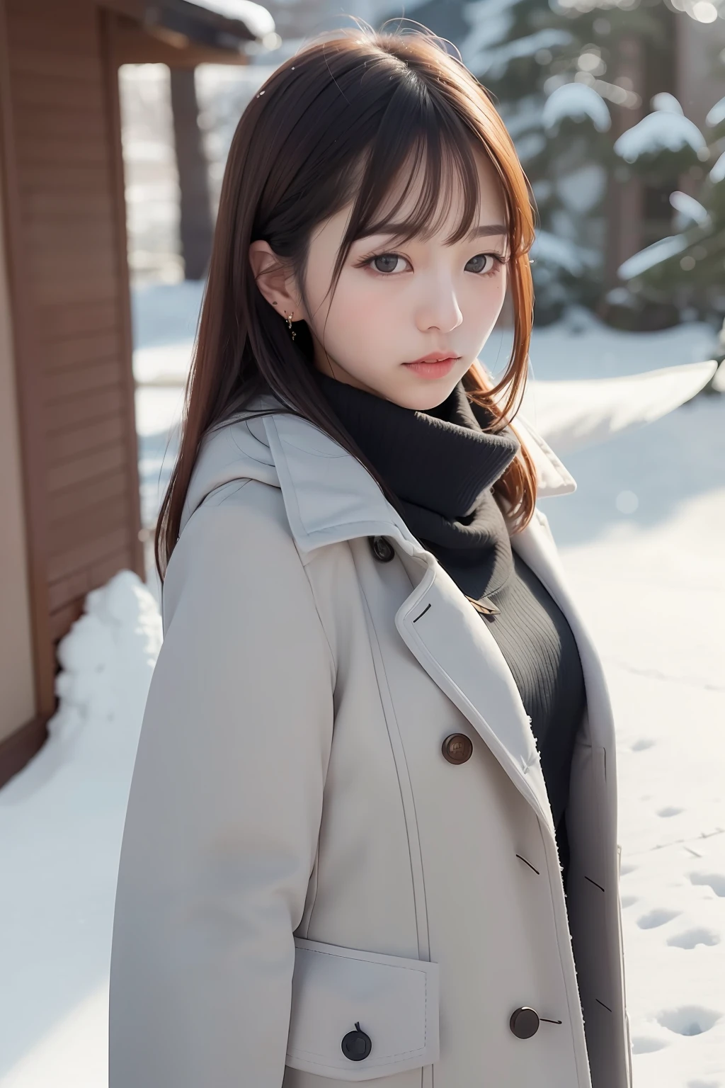 realistic photos of (1 cute Korean star) Shoulder-length hair, thin makeup, medium breasts size, wearing coat, in the snow, clear facial features, 8K high resolution, sharp and realistic details.from outside, Eye-Level Shot, f/4.0, 135mm, Fujifilm, jpeg artifacts, dithering, UHD, masterpiece