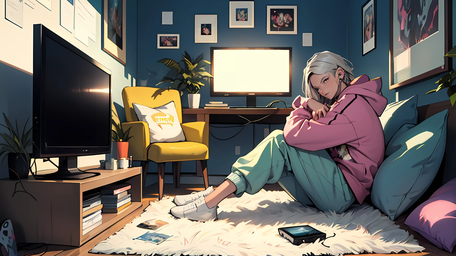 beste-Qualit, 1Woman, 独奏, Hot, grown up, hair light, deep, A detailed eye, Cool hair, piercing eyes, the perfect body, 25 years, Sexual, winning, sitting, Window, video game console, Monitor screen, tv set, Videotapes, VCR, earphones, tape recorder, skateboard, electric guitar, cars, View from the window, night city, neon lights, the panorama, a starry sky, galactic, motley, Full color, феерверк, Sofa, Playful, living room, Cosy, cheery, posters, pillows, blankets, lava lamp, a table, chair, cozy atmosphere, bright colours, soft pastels, Plants, Books, novels, Marvel figurines, posters, PICTURES, posters, wall scrolls, Stickers, Ornaments, bed, blankets, pillows, warm blankets, comfortable clothes, casual wear, Hip-hop apparel, hoody, sweatpants, briefs, tshirt, t shirt, ankle socks, sneakers, curvy legs