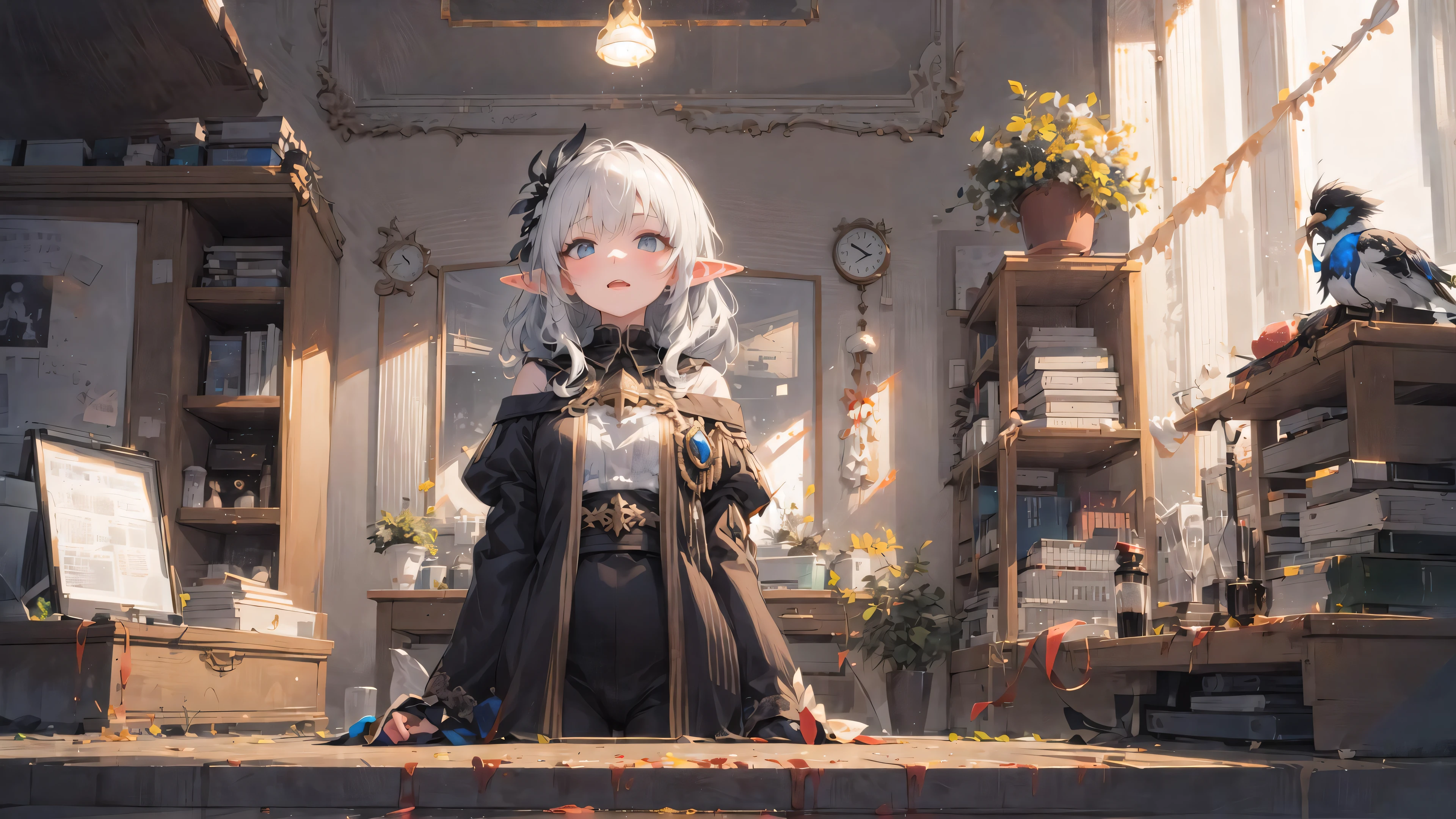 [(sky background:1.5),::5] (isometric:1.0),clock_background,grand archives,sand clock,hourglass,death,blood,night, dark, (Fantasy),Infinite,deep blue sky,The abyss of knowledge,knowledge,((masterpiece)), (((best quality))),((beautiful detailed eyes)),(eyelash),Monster,(1 girl),white hair,long hair,abyss eyes,Shiny skin,oil,small breast,(bird body,feather), elf,extremely detailed CG unity 8k wallpaper,masterpiece, ((ultra-detailed)), ((illustration)),colorful,wallpaper,energy,Unknown terror,arcane,Around the magic,magic surrounds,magic rod,book,pages flying all over the sky,Know it all,Predicting the Future,Know the past,Infinite wisdom,blue flame,Warlock,Magical Circle,Pentagram,incantation,mantra,Singing magic,green eyes,green magic,delicate eyes.