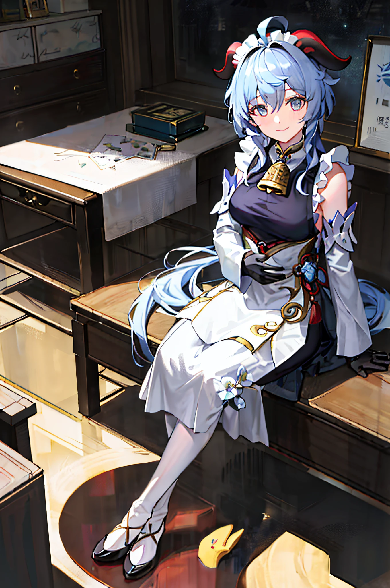 (Photorealistic:1.4), (Masterpiece, side-lighting, fine detailed beautiful eyes: 1.2), Masterpiece*Portrait, Realistic, 3D face, Ganyu \(Genshin Impact\), 1girll, ahoge, architecture, By bangs,Bare shoulders,bell,black glove,Black tights,(blue hair),Blushlush,Beautiful breasts,Chinese knot,the sleeve,flower knot,mitts,cow horn,long whitr hair,Look at the audience,middlebreast,Neckbells,the maid outfit:2.0,maid costume:2.0,ssmile,Squinting with a smile,gentleness,duck sitting,Sit on the lawn,
