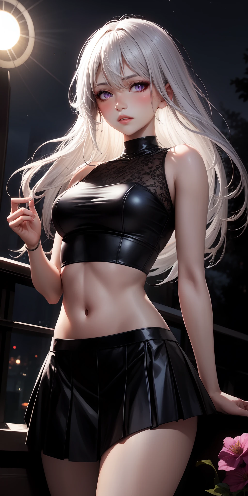 realistic, 1girl, white hair, purple eyes, glowing eyes, crop top, skirt, parted lips, blush, night, flowers, sun, sunlight,