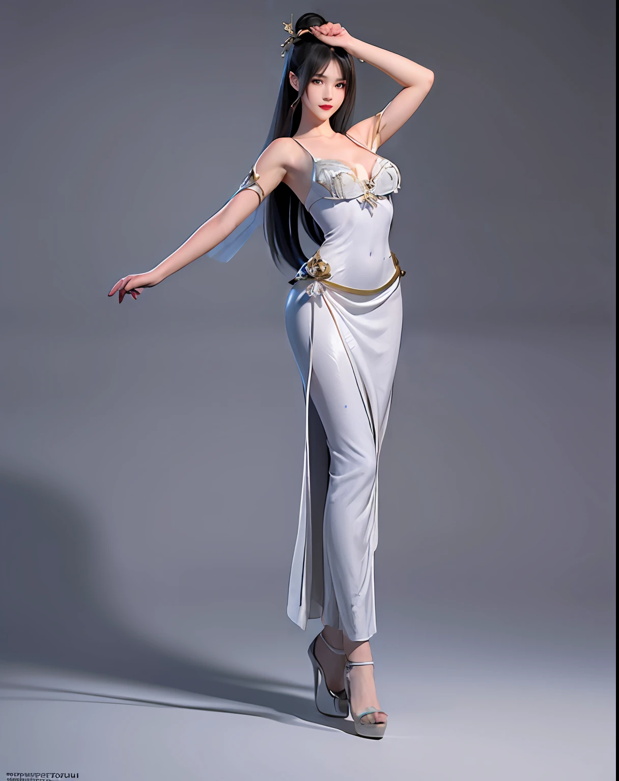 (masterpiece, best quality, beautiful modelshoot portrait:1.4) of a stunning 25yo chinese 1girl, (full body view:1.6), (seductive pose:1.2), breasts:1.2, (armpits focus:1.5), solo, long black hair, sidebangs, bare shoulders, (perfect face, perfect eyes, insanely beautiful face:1.3), happy smile, hanfu, (looking at viewer:1.6), (grey background:1.3), colorful, highly detailed, ultra realistic, deep field of depth, (sharp focus:1.6), insanely intricate, 8k