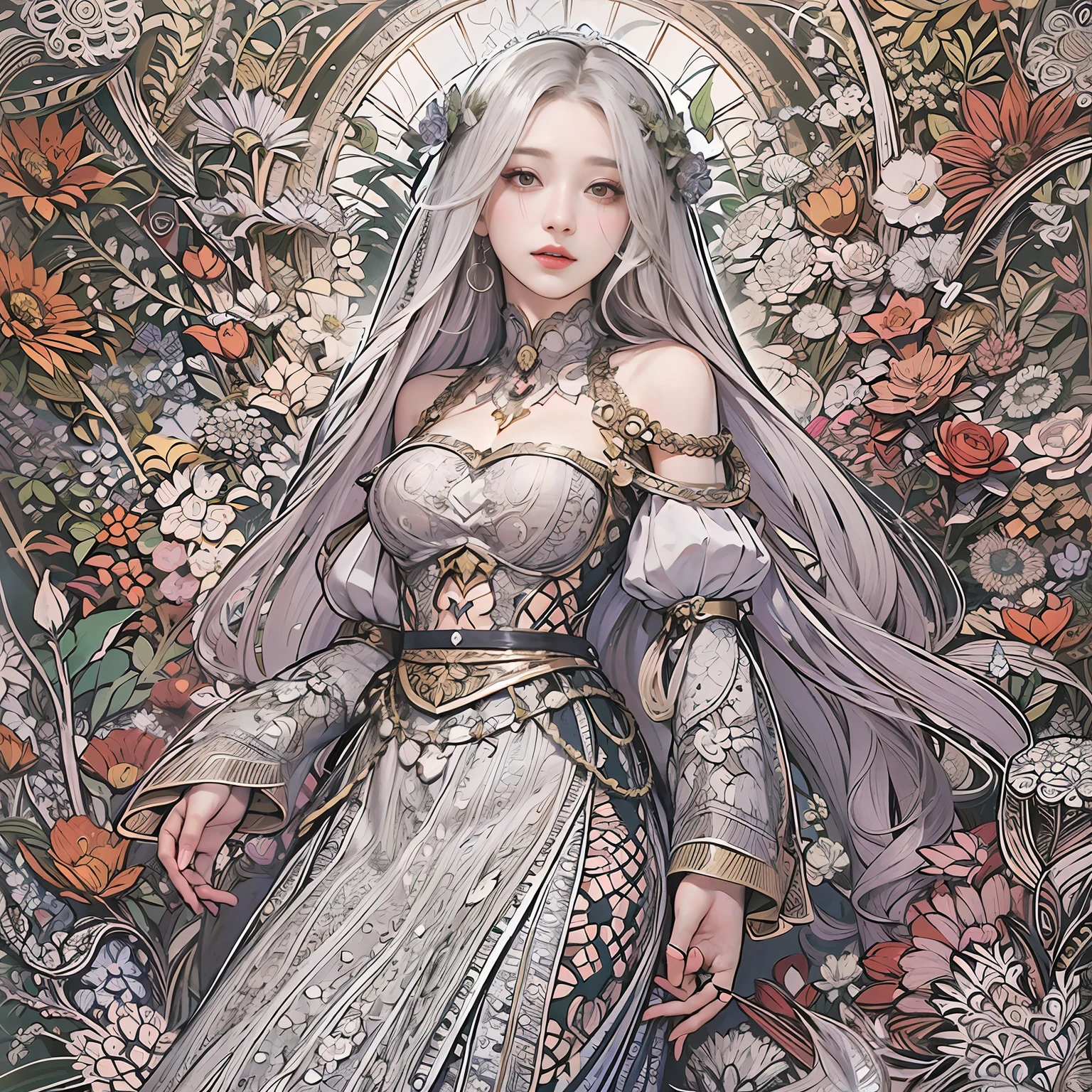 absurderes、hight resolution、ultra-detailliert、(Ultra detailed backgrounds、Detailed background)、ighly detailed、1girl in、full bodyesbian、silber hair、Slender body type、Large bust、Medieval European costumes、Bunch of flowers、(Zentangle:1.2)、(Geometry:1.2)、Medieval pictorial hues、Downward-to-upward perspective